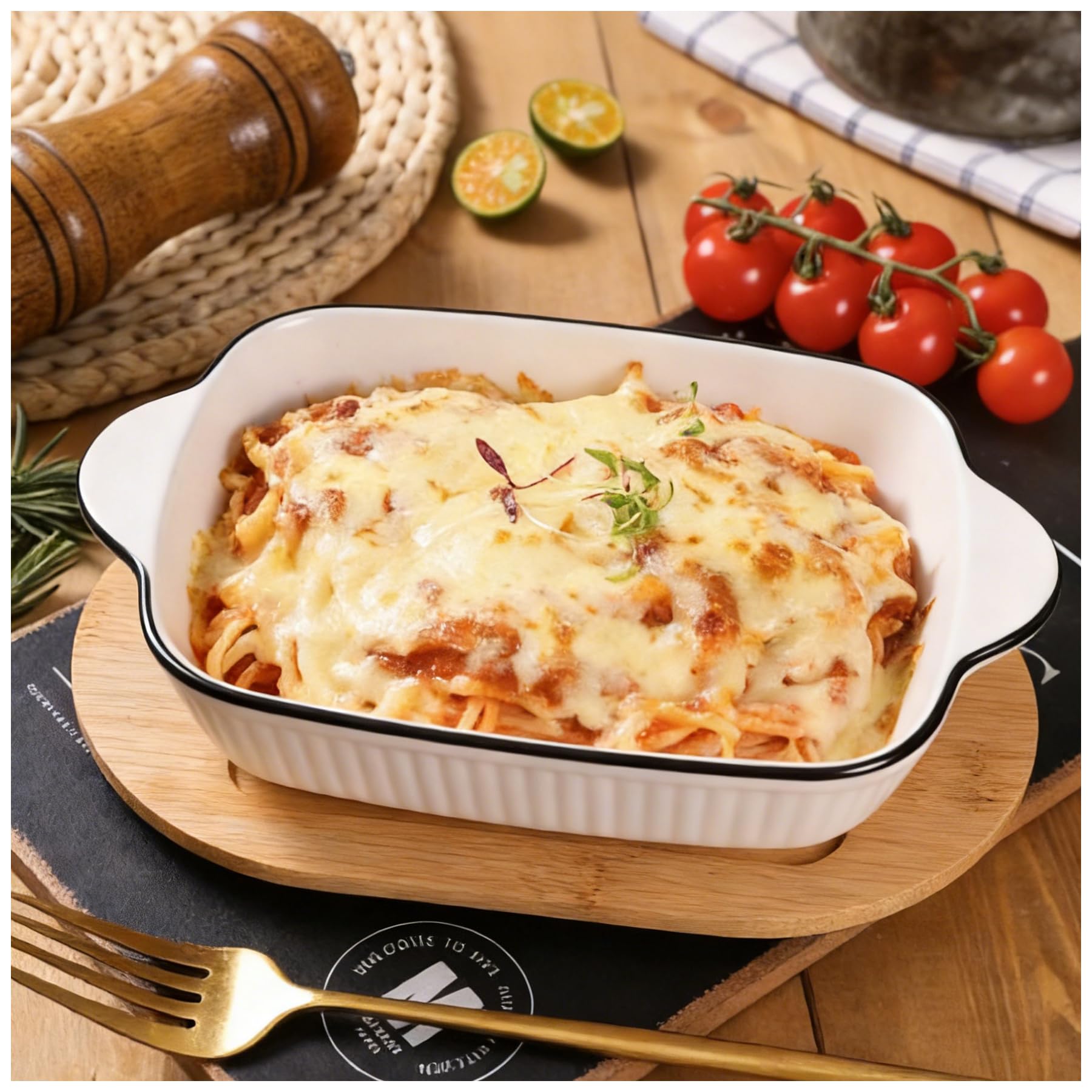 Juego de 4 cazuelas pequeñas de cerámica de 34 onzas, plato rectangular para lasaña de 1000 ml con asas, apto para hornos y microondas, tamaño compacto ideal para gratinados, platos de pasta