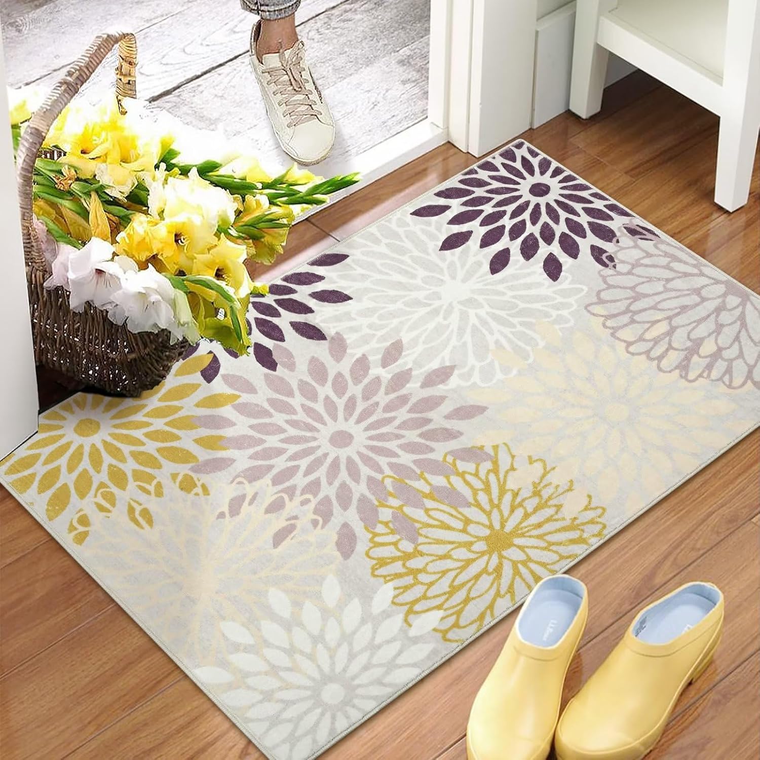 GlowSol Small Area Rug 2x3 Washable Entryway Rug Modern Floral Indoor Mat Low Pile Carpet Non Slip Non Shedding Fluffy Rug for Bedroom Living Room Entrance, Beige/Yellow