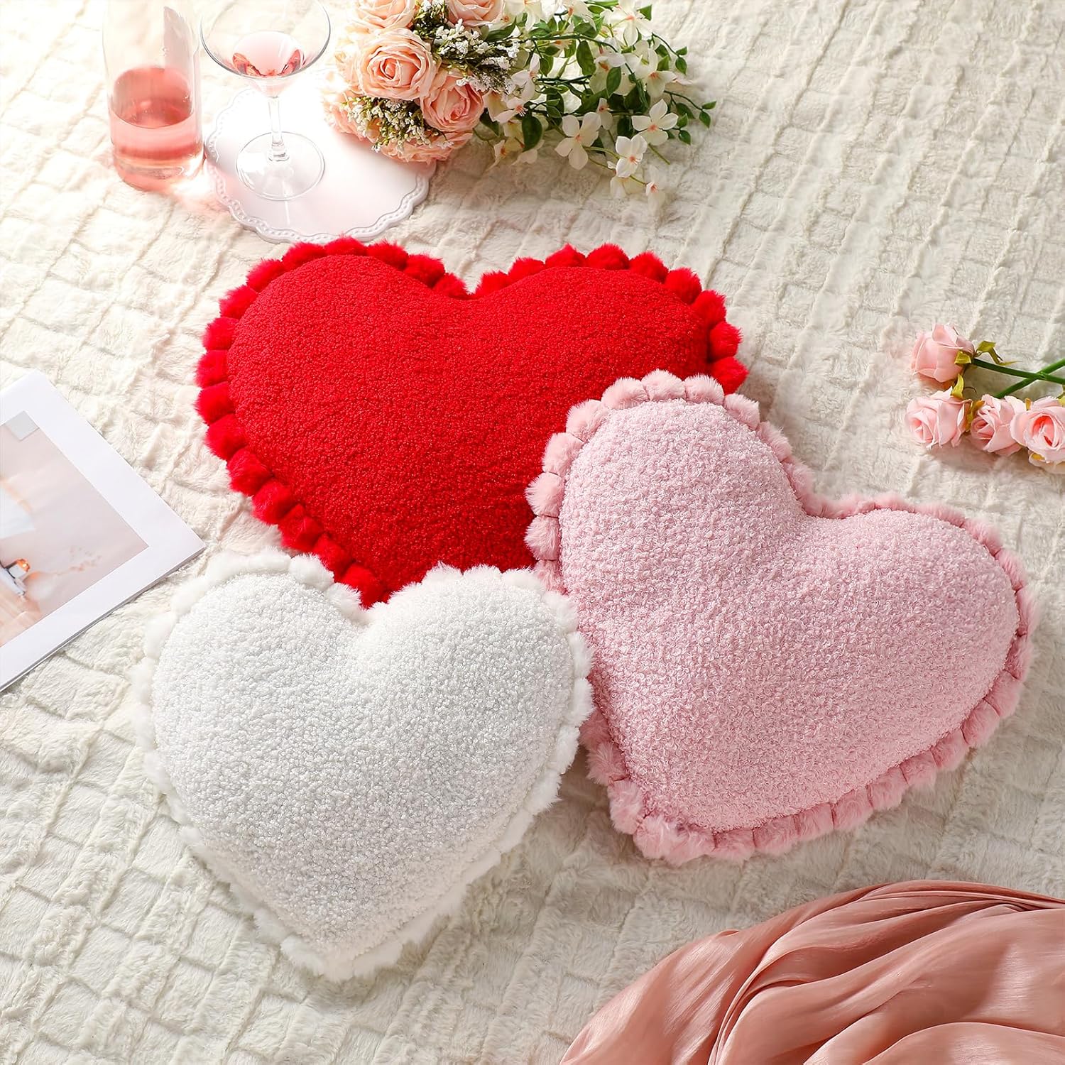 Bucherry 3 Pcs Valentine's Day Heart Throw Pillows, Red White Pink Heart Pillow Soft Decorative Back Cushion for Girls Women Bed Sofa Valentines Wedding Gifts Home Decor(Teddy Velvet,Ruffed Style) Teddy Velvet Ruffed Style
