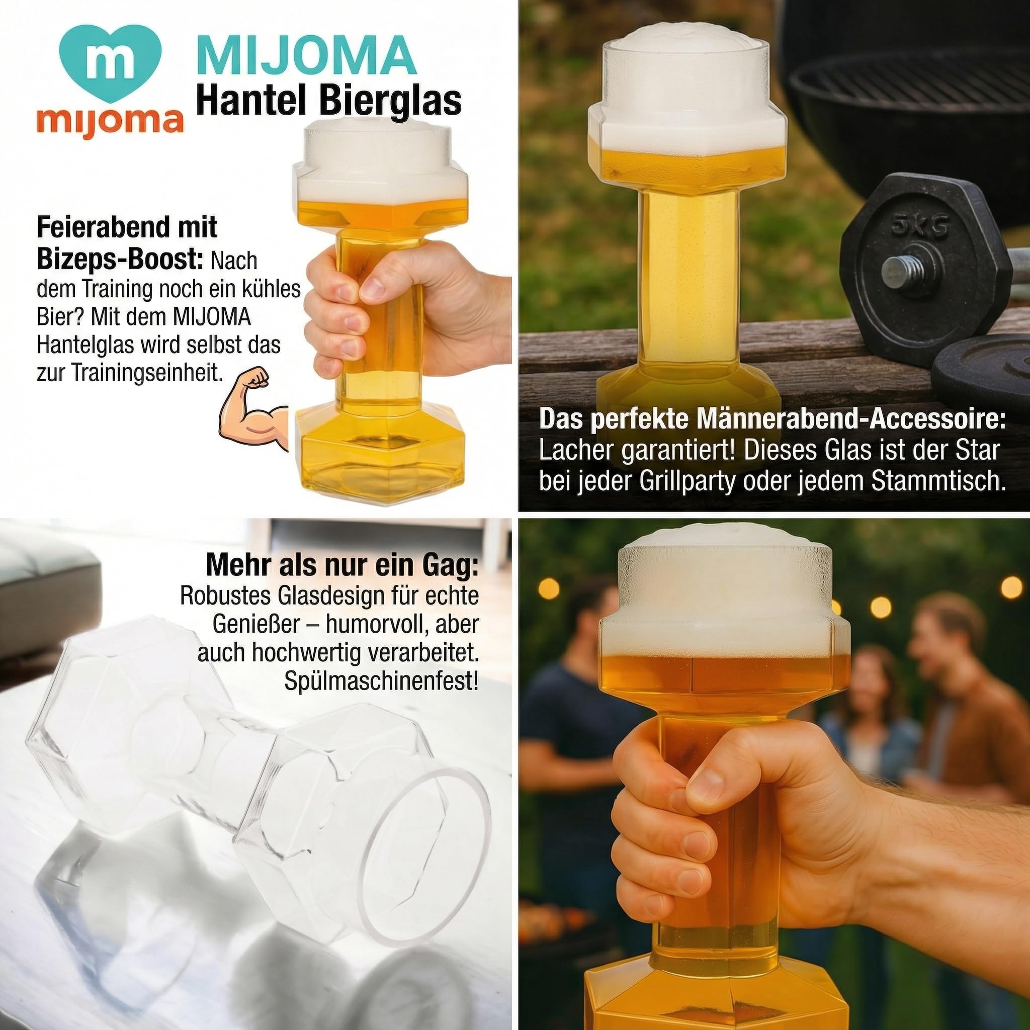 MIJOMA Bicchiere da birra a forma di manubrio, 22 cm – 700 ml – Allenamento casual per sport del bere, manubrio per amici della birra per fitness e feste – Un'avventura birraria per gli amanti del
