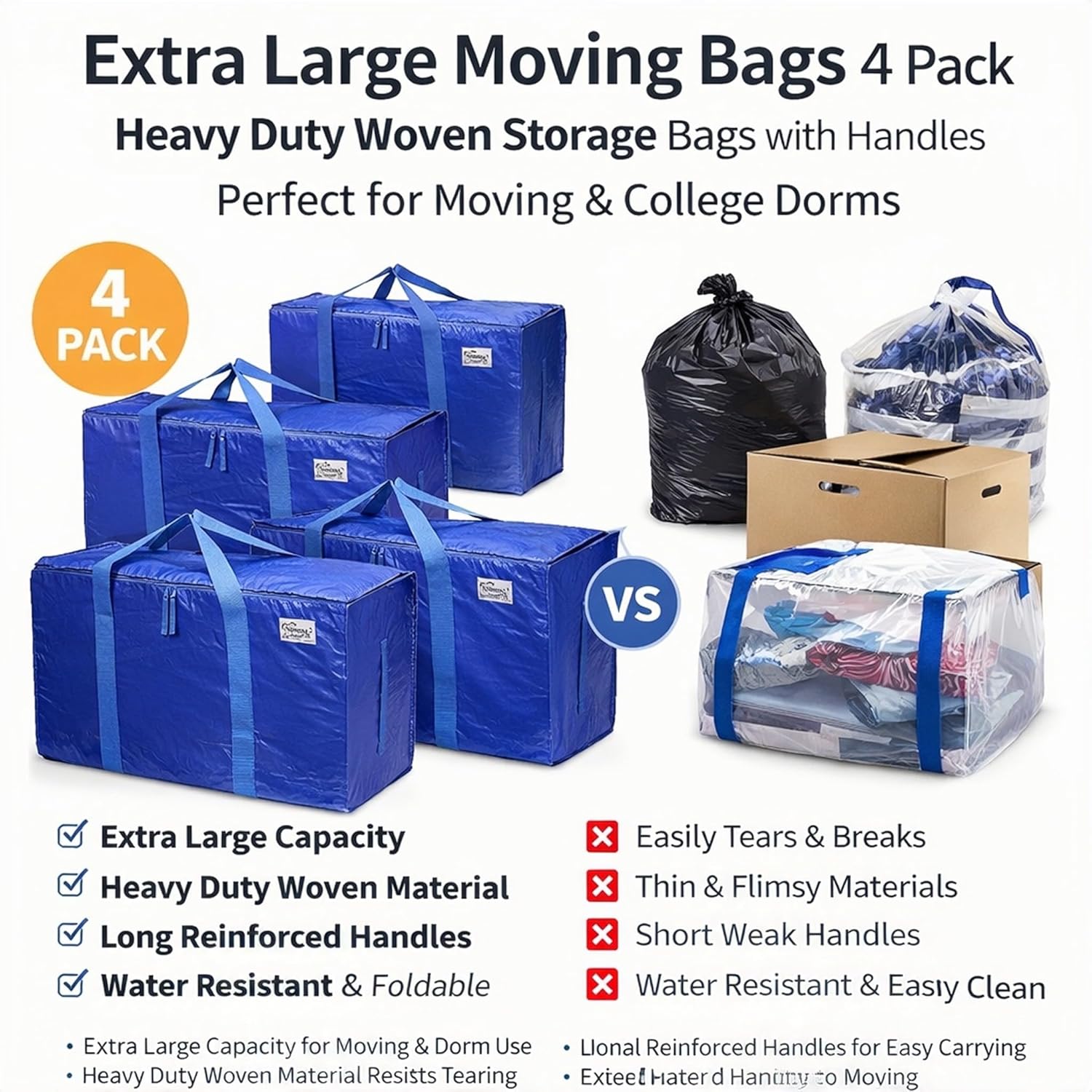 4 Pack Extra Large Heavy Duty Moving Bags with Strong Zipper and Reinforced Handles Durable Woven Storage Totes for College Dorm Clothes Blankets Bedding Travel Packing Closet Organization