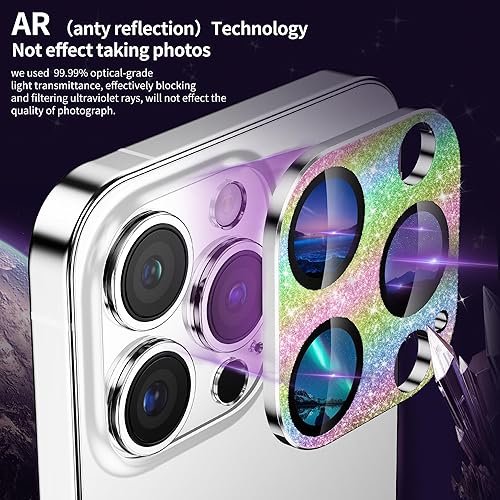 Miniatura 9 de Mansoorr Protector de lente de cámara para iPhone 14 ProiPhone 14 Pro Max, cobertura completa 3D con purpurina brillante, calidad de imagen sin
