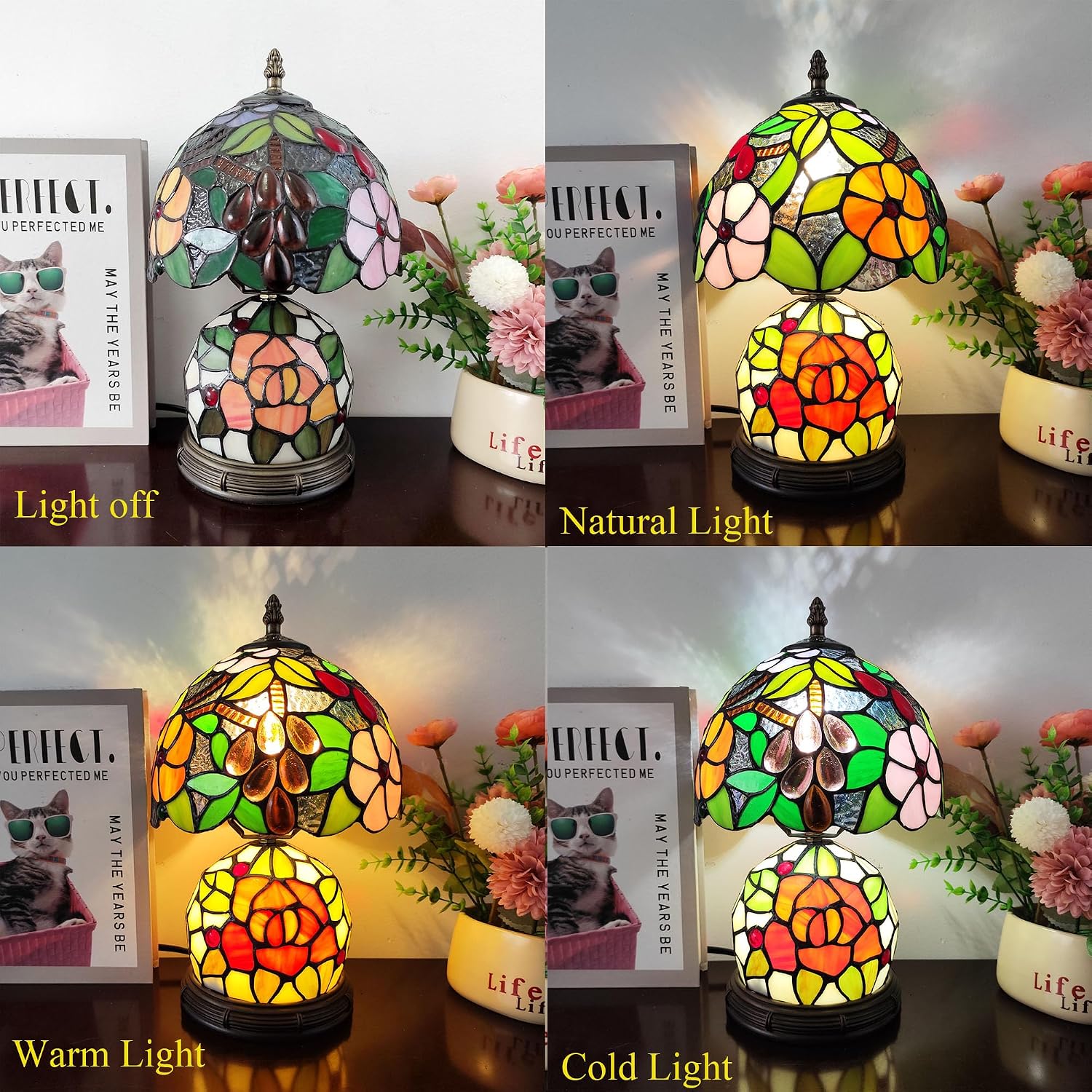 Tiffany Table Lamp Beads Flower Stained Glass Lamp Mother-Daughter Style Desk Reading Light with 2 LED Bulbs for Bedroom Living Room Office Decor