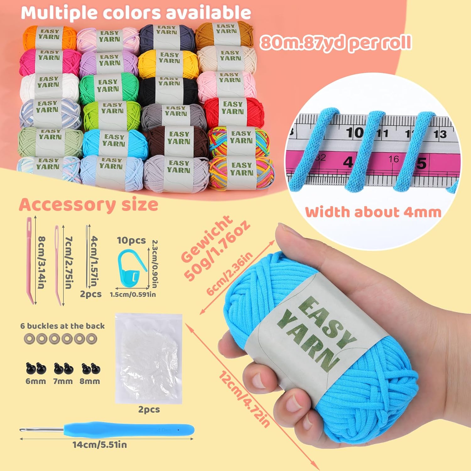 24x50g (42.3Oz) Easy Yarn for Crocheting and Knitting, 24x87yds Beginner Crochet Cotton Yarn for Beginners with Easy-to-See Stitches, Worsted-Weight Medium #4 - Cotton-Nylon Blend
