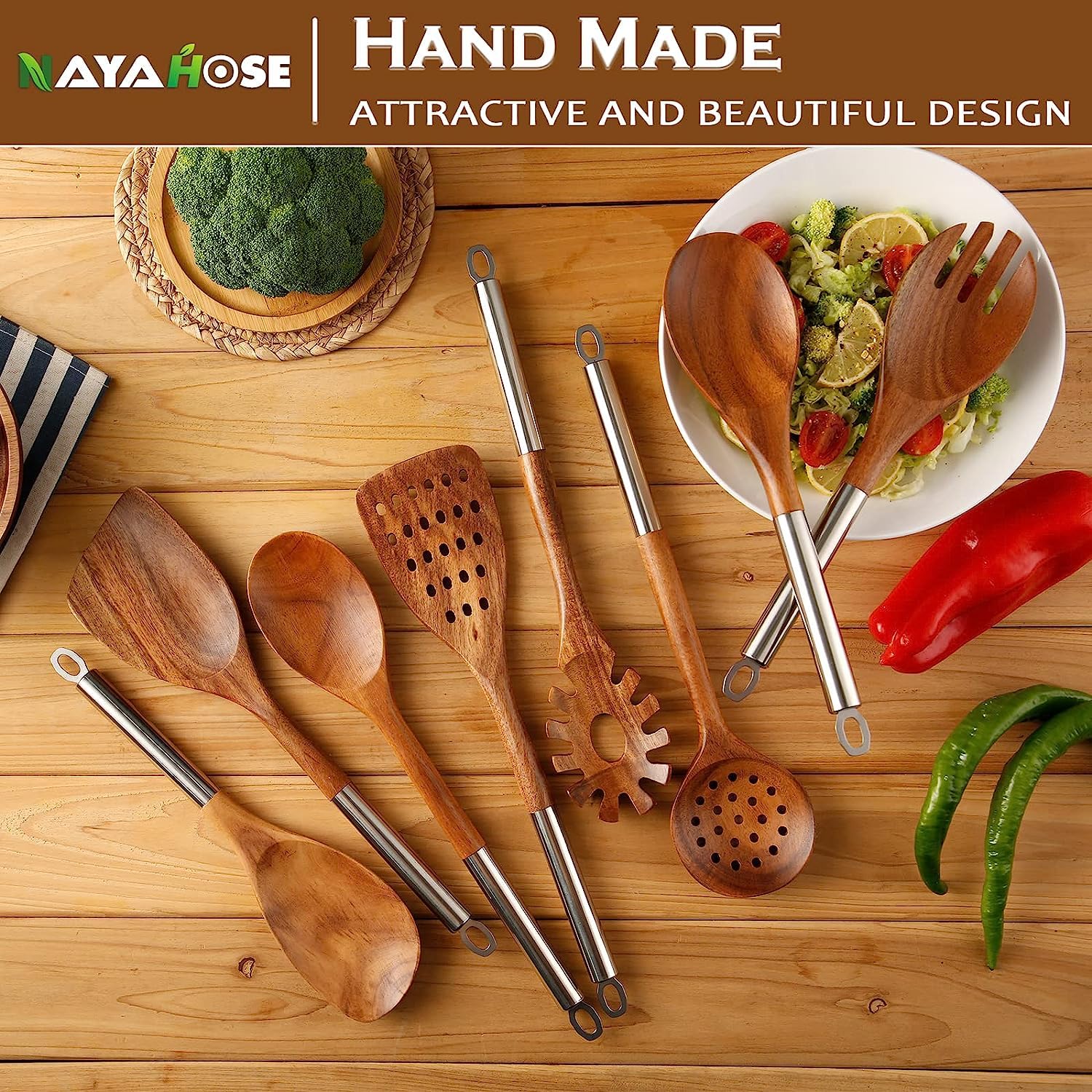 Cucharas de madera para cocinar, 10 cucharas de madera con mango de acero inoxidable, juego de utensilios de madera antiadherentes y espátula para accesorios de cocina del hogar, 10 ganchos
