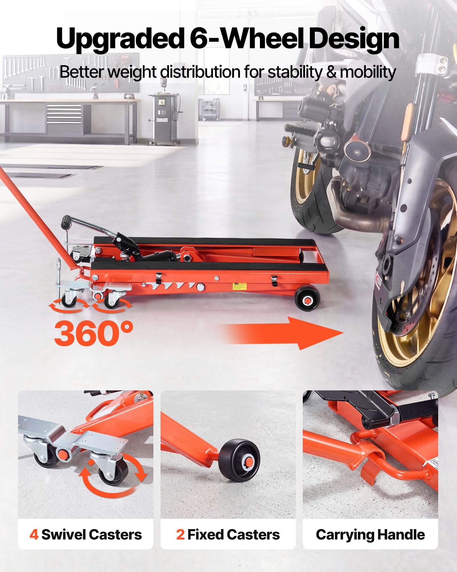 VEVOR Elevador Hidráulico de Motocicletas Capacidad de Carga de 499 kg, Plataforma Elevadora para Motocicletas con 6 Ruedas, Elevación de 120-385 mm, Soporte Estable para ATV, Talleres, Garajes
