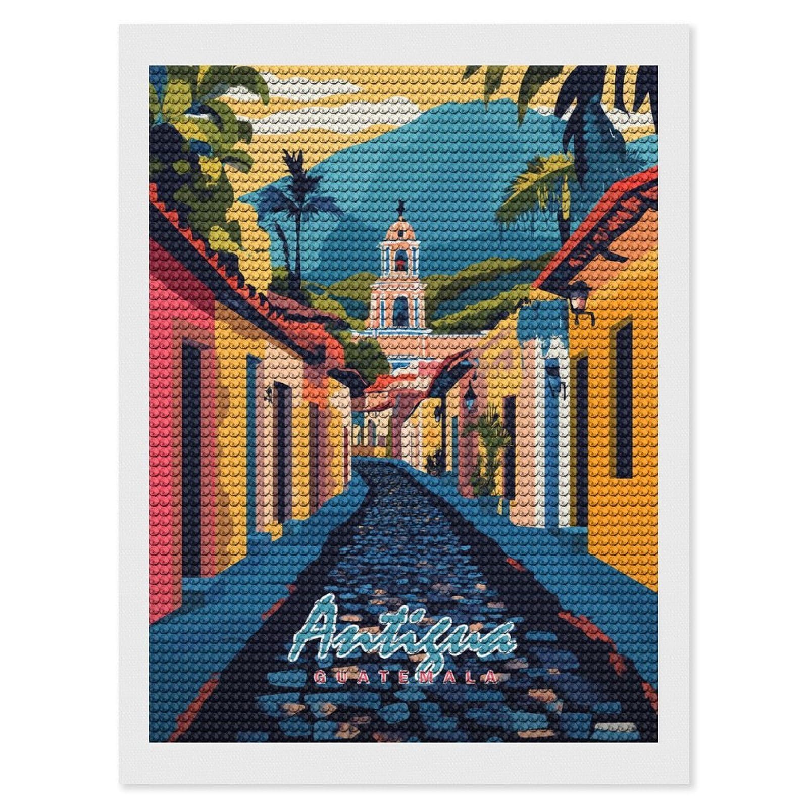 Junmoney Antigua Guatemala Street Diamond Painting Canvas Kit 12"x16", Adhesive Canvas, Christmas Gift, Full Kit Included, Thoughtful Present