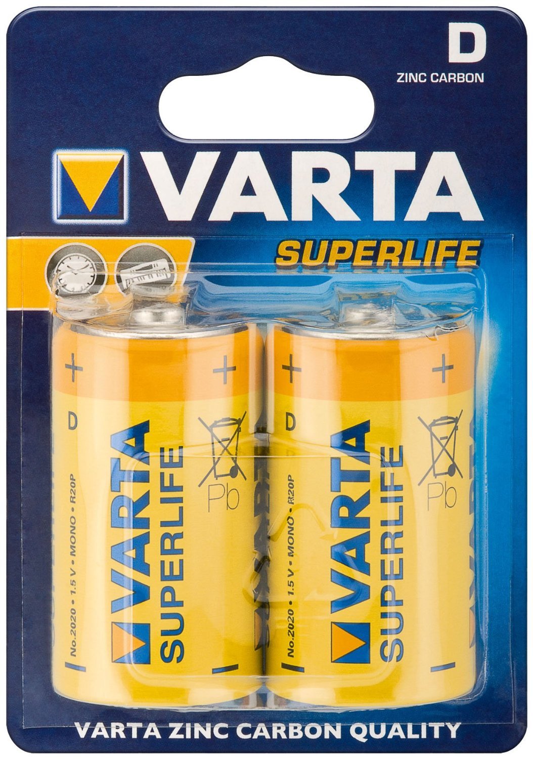 VARTASuperlife 10500220 Zinc Carbon Batteries Mono/D / LR20 with 1.5 Volt, Set of 2, Capacity 6000 mAh