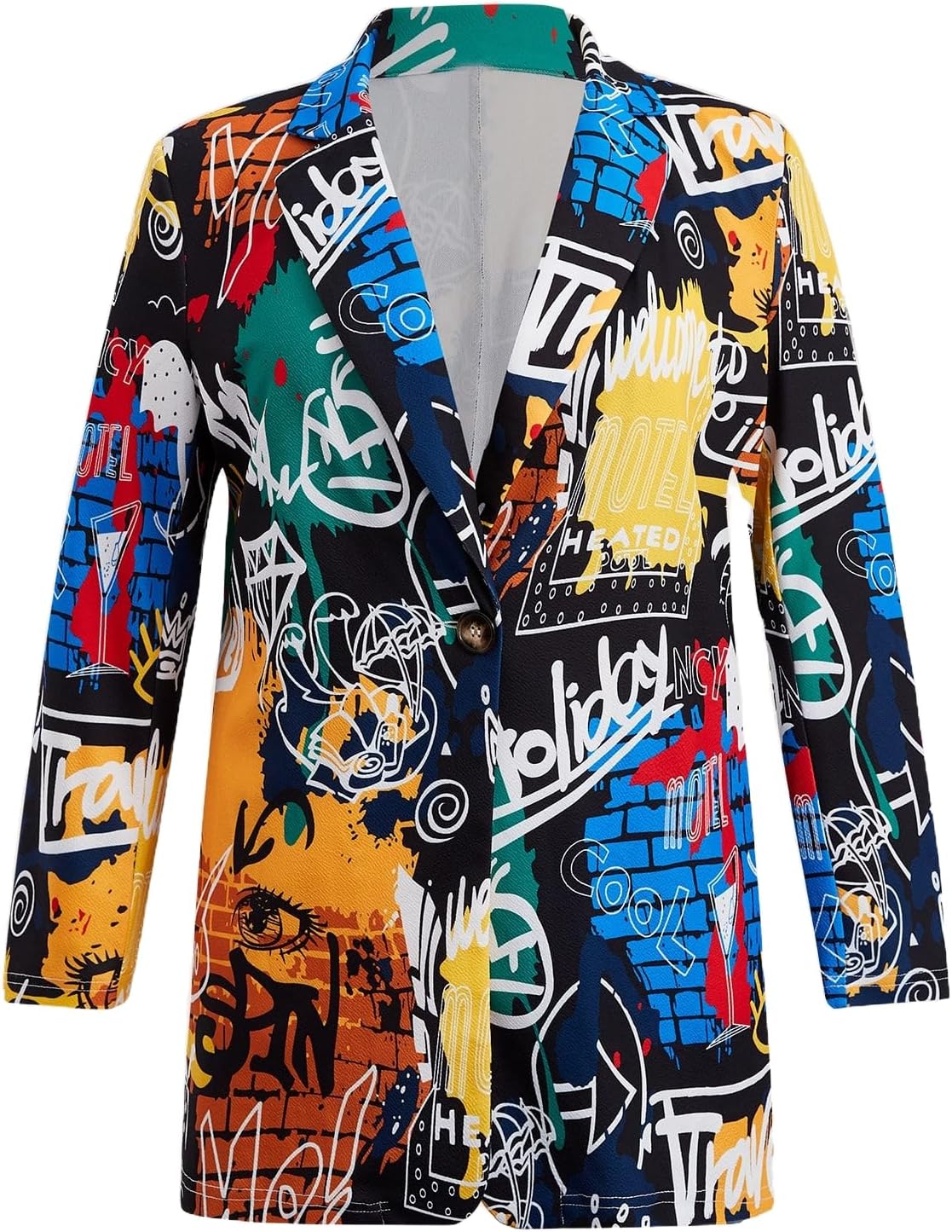 WDIRARA Women's Plus Size Lapel Collar Open Front Graffiti Graphic Button Blazer Jacket
