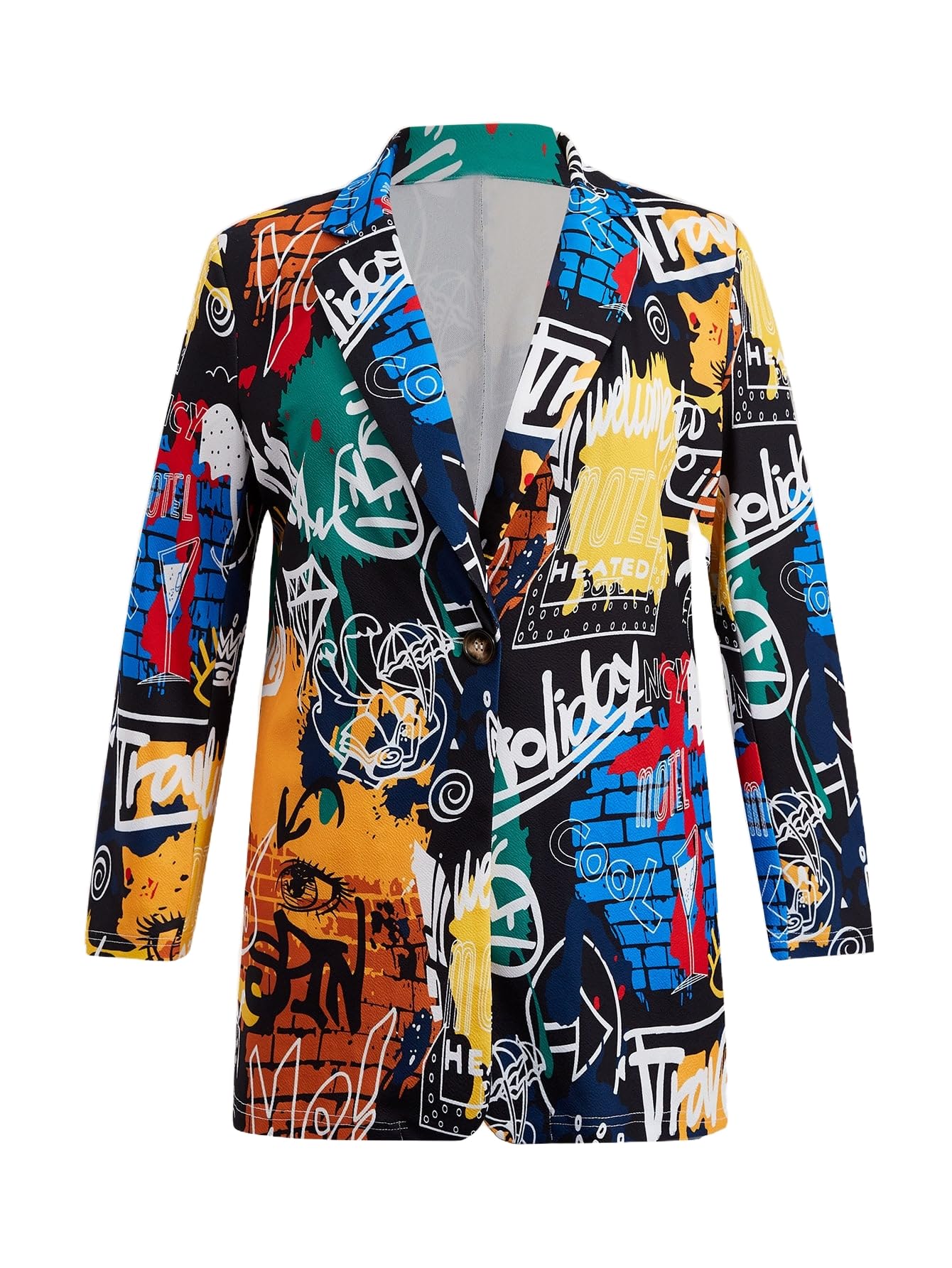 WDIRARA Womens Plus Size Lapel Collar Open Front Graffiti Graphic Button Blazer Jacket