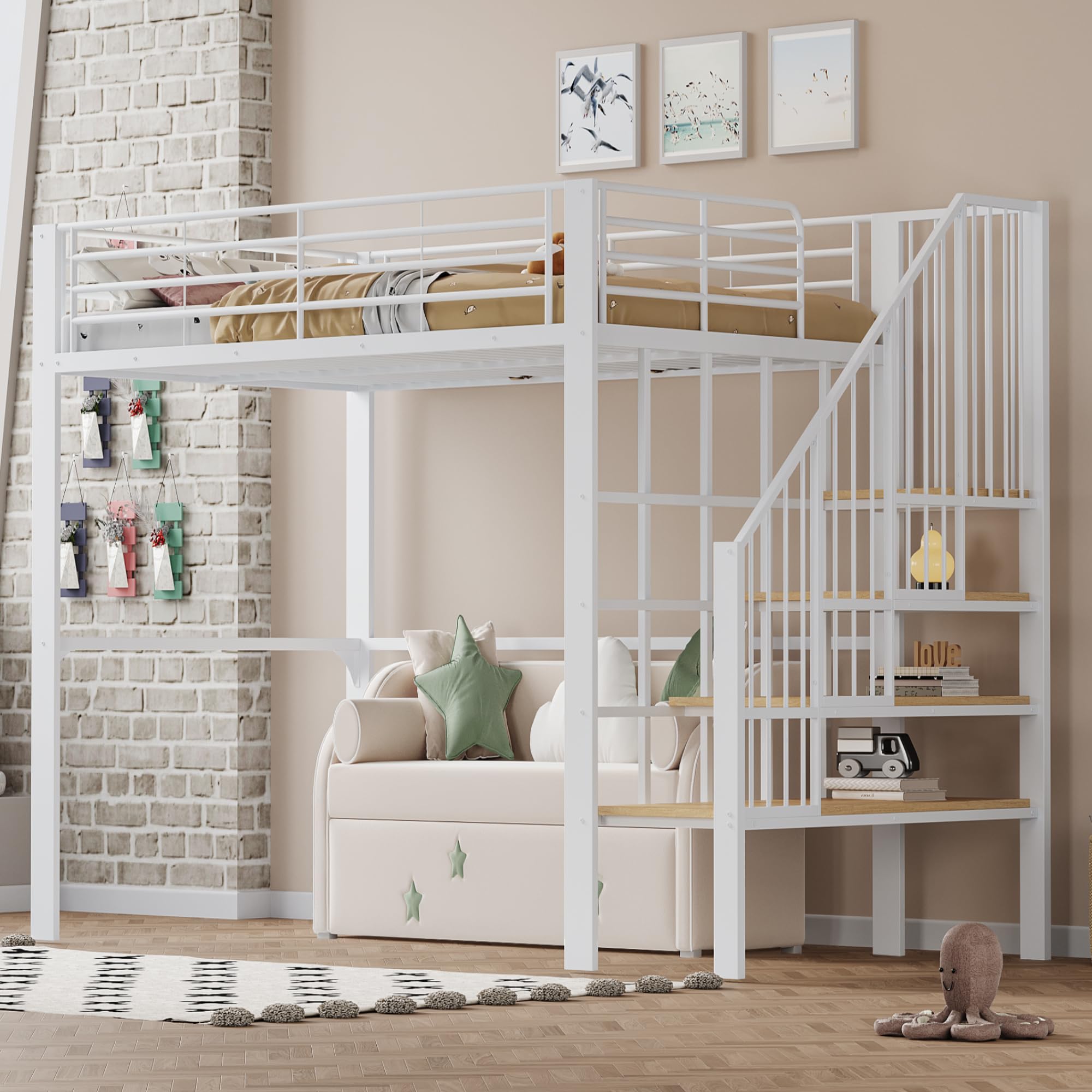 Letto a Soppalco 140x200 cm con Robusta Struttura in Metallo, Letto a Castello per bambini e e Adulti, Letto Multiuso con ampio spazio di stivaggio sotto il, Letto Bambini con Scala e Ringhiere
