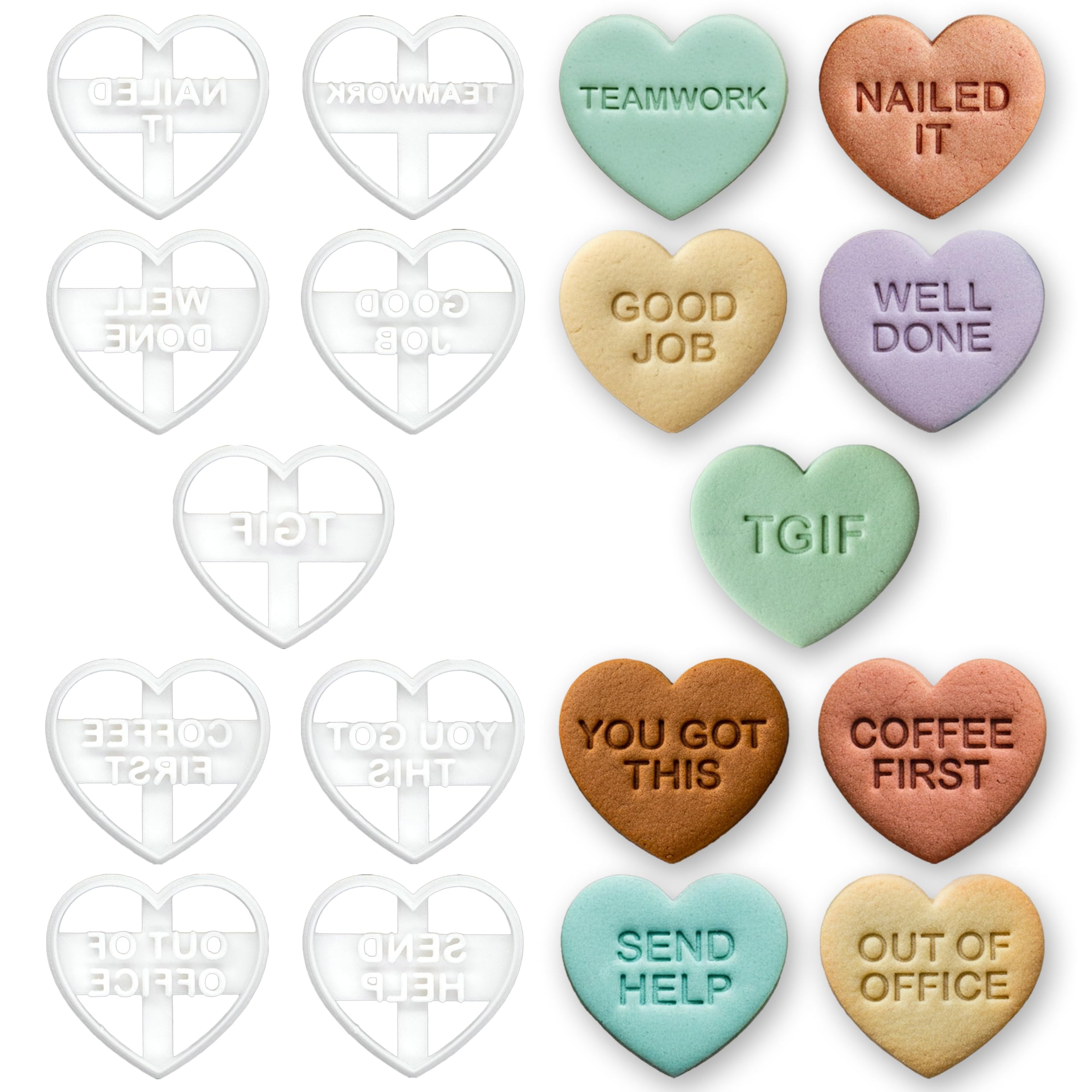 BAKERLOGY Set de 9 emporte-pièces cœur collègues de bureau – Messages esprit d’équipe, motivation & humour de bureau pour événements