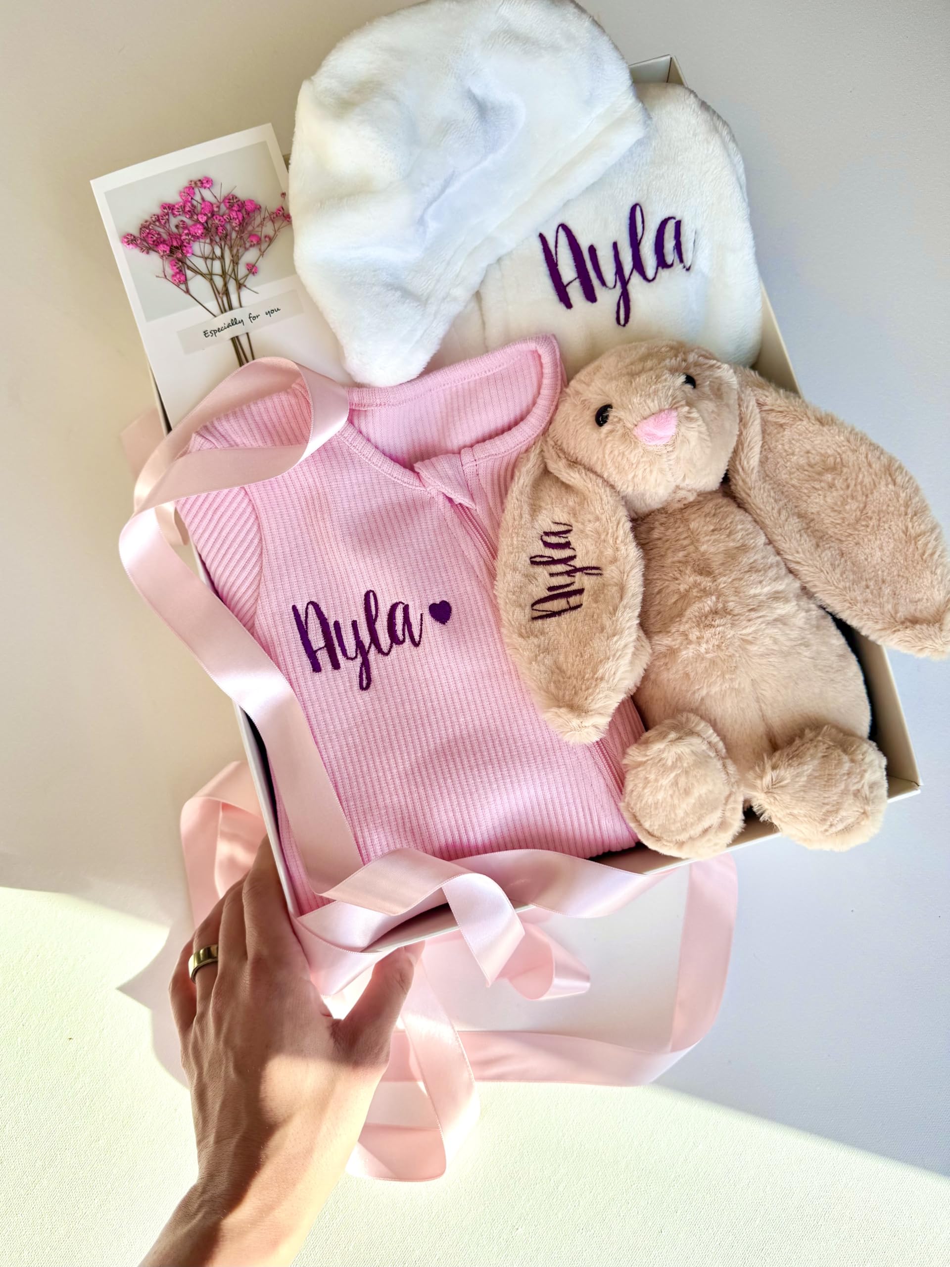 Personalised Baby Gift Set with Box or Without for Baby Boy or Baby Girl, Perfect for Baby Shower Gifts & Christenings with Gift Message Card Ready to Gift (Option 7, 0-3 Months)