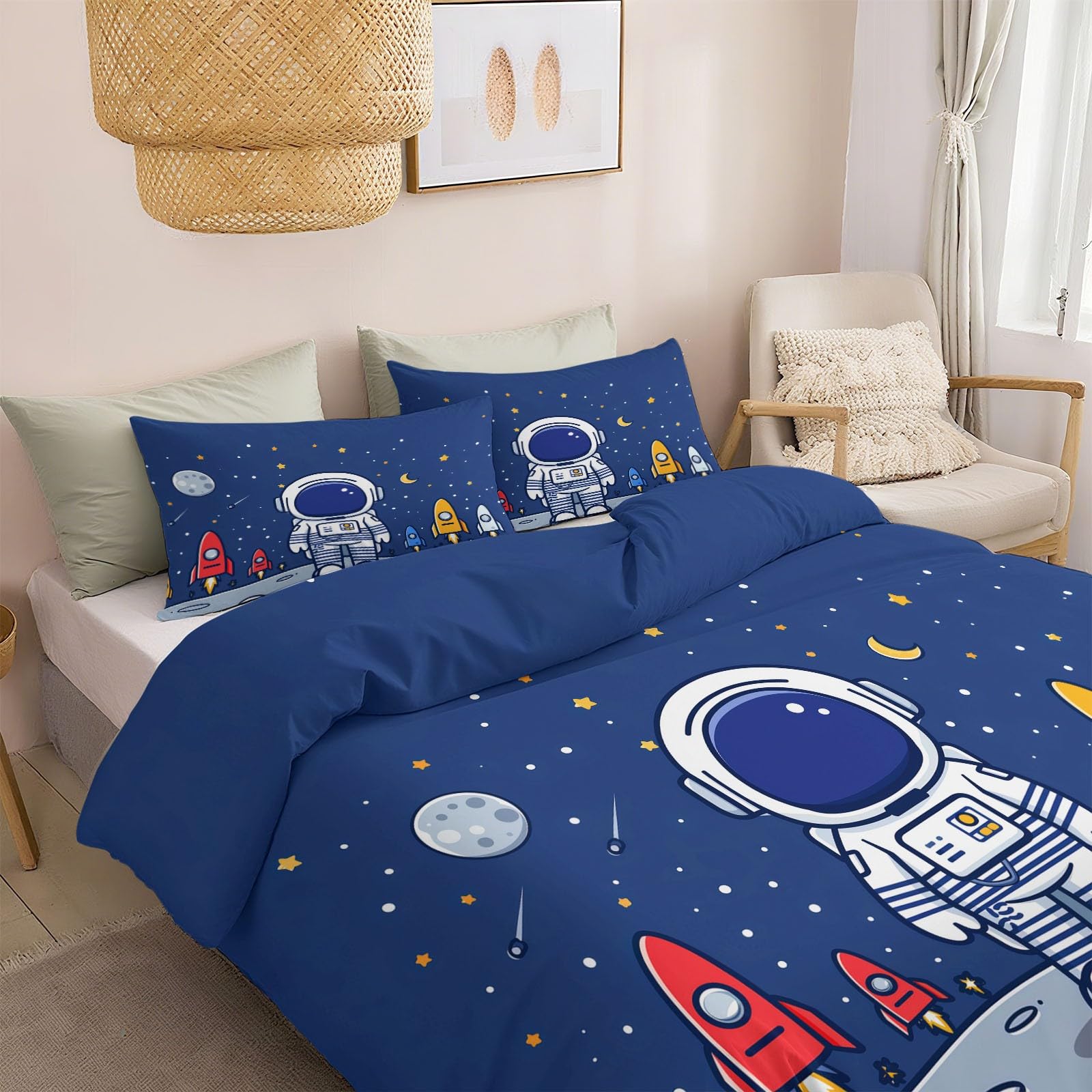 3-częściowy zestaw dwustronnej pościeli dla dorosłych 2 osób, kreskówkowy astronauta księżyc planeta poszwa na kołdrę zestaw pościeli z mikrofibry dla dzieci 140 x 200 cm, z 2 poszewkami na poduszki
