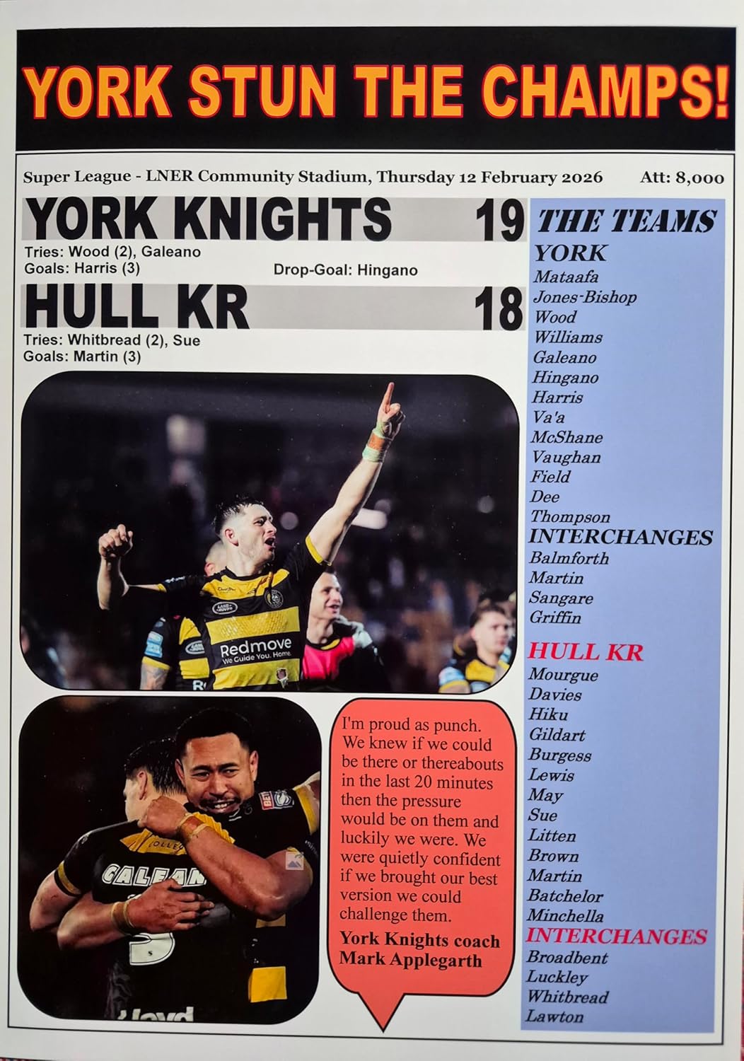 York Knights 19 Hull KR 18-2026 Super League - souvenir print