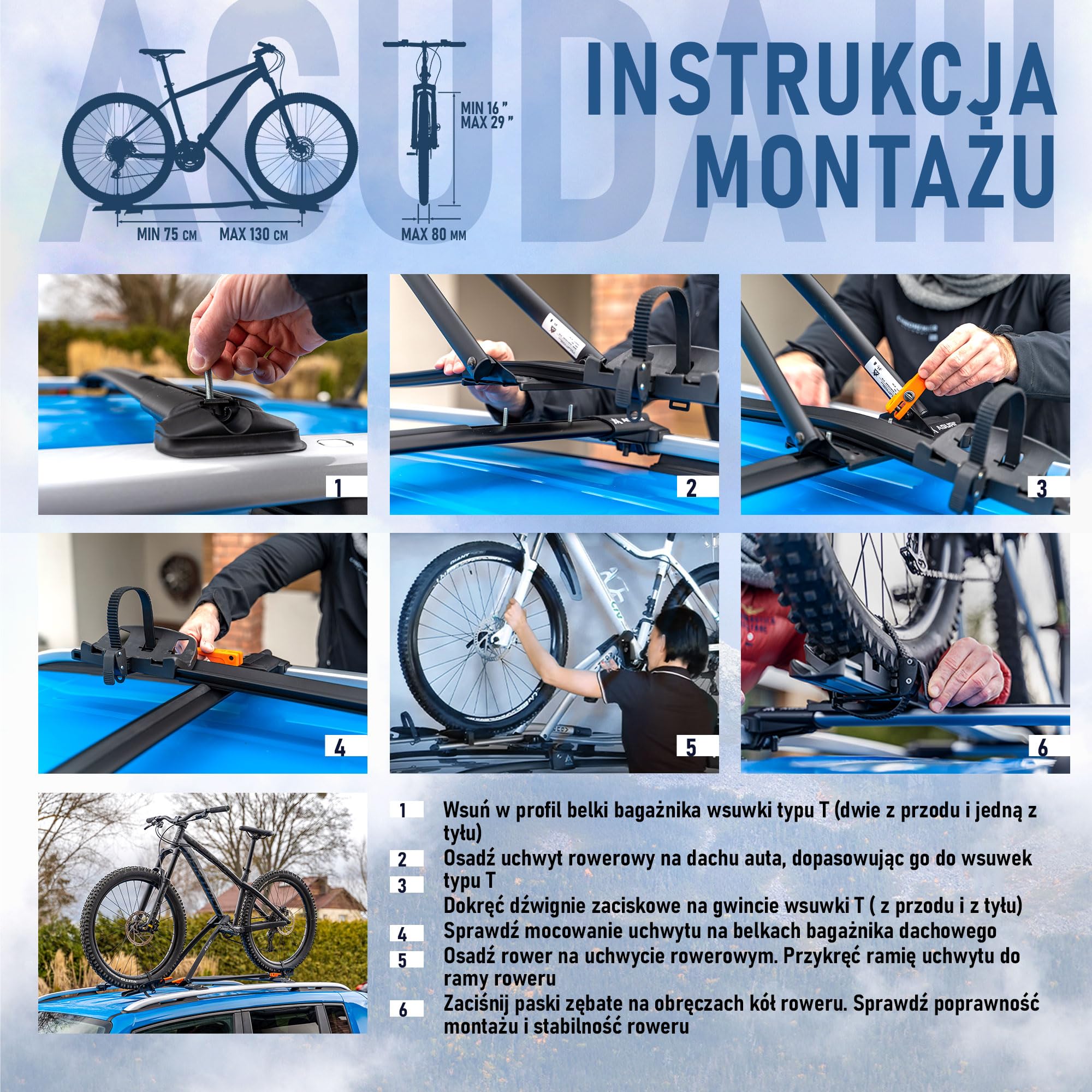 AGURI ACUDA III | Bagażnik Rowerowy, Dachowy Stelaż Rowerowy, Uniwersalny Uchwyt Rowerowy na Dach Samochodu, Zamykany | Obciążenie do 20kg, | Lekka i Wytrzymała Konstrukcja z Aluminium | Srebrny