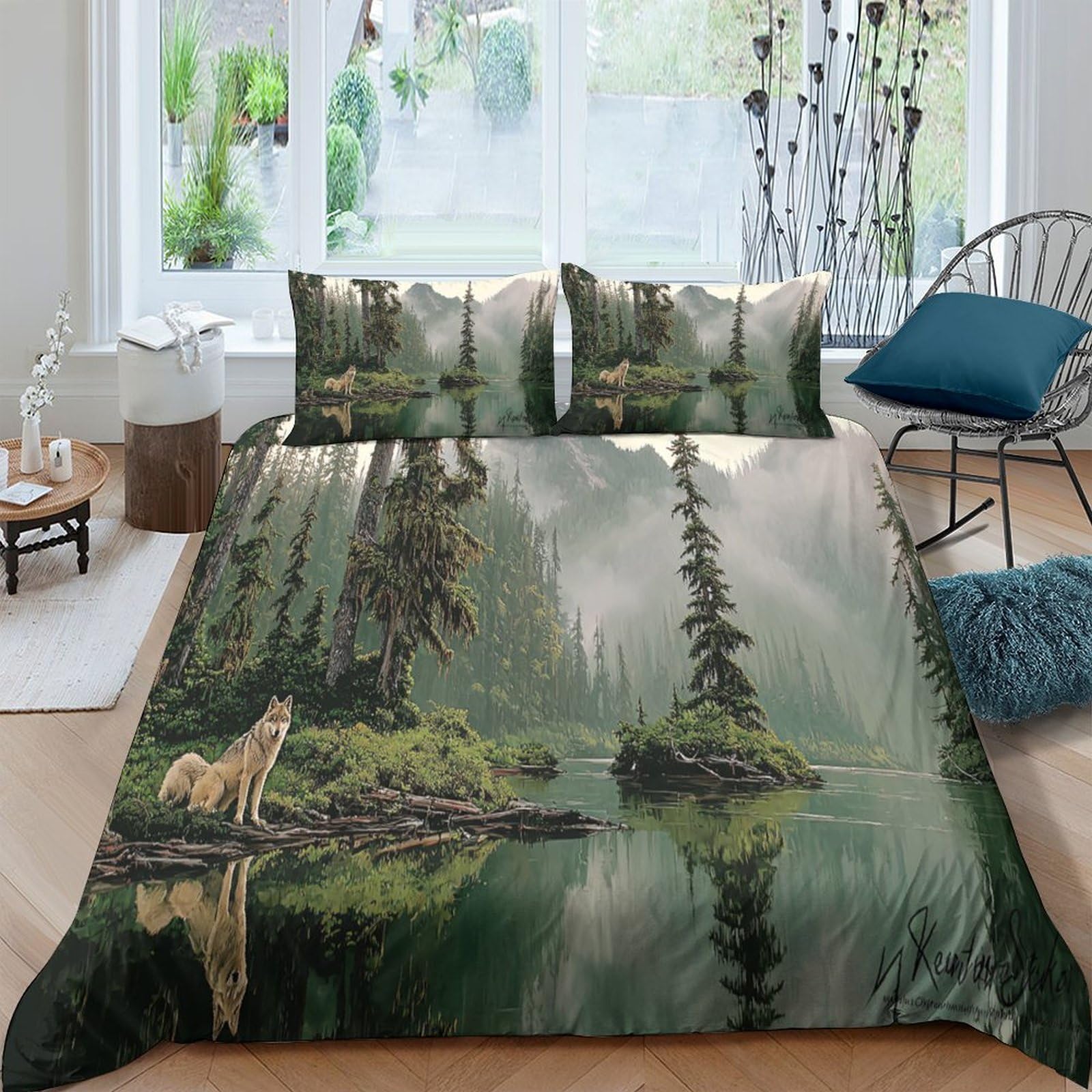 Ctjqhvkz Style-9 3D Printed Forest Lake Fitted Sheet Microfiber Soft Anti-Slip Wolf Reflection Mattress Cover For Bedroom Decor Single（135X200cm）