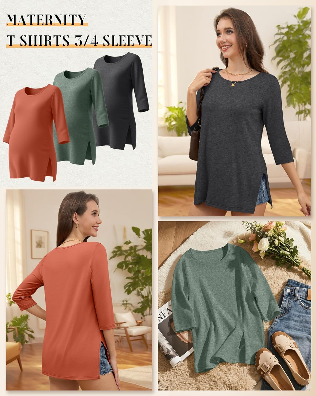 3 Pack Women's 3/4 Sleeve Maternity Shirts Elbow Length Clothes Round Neck Tunics Pregnancy Loose Side Split Tops - Image 3