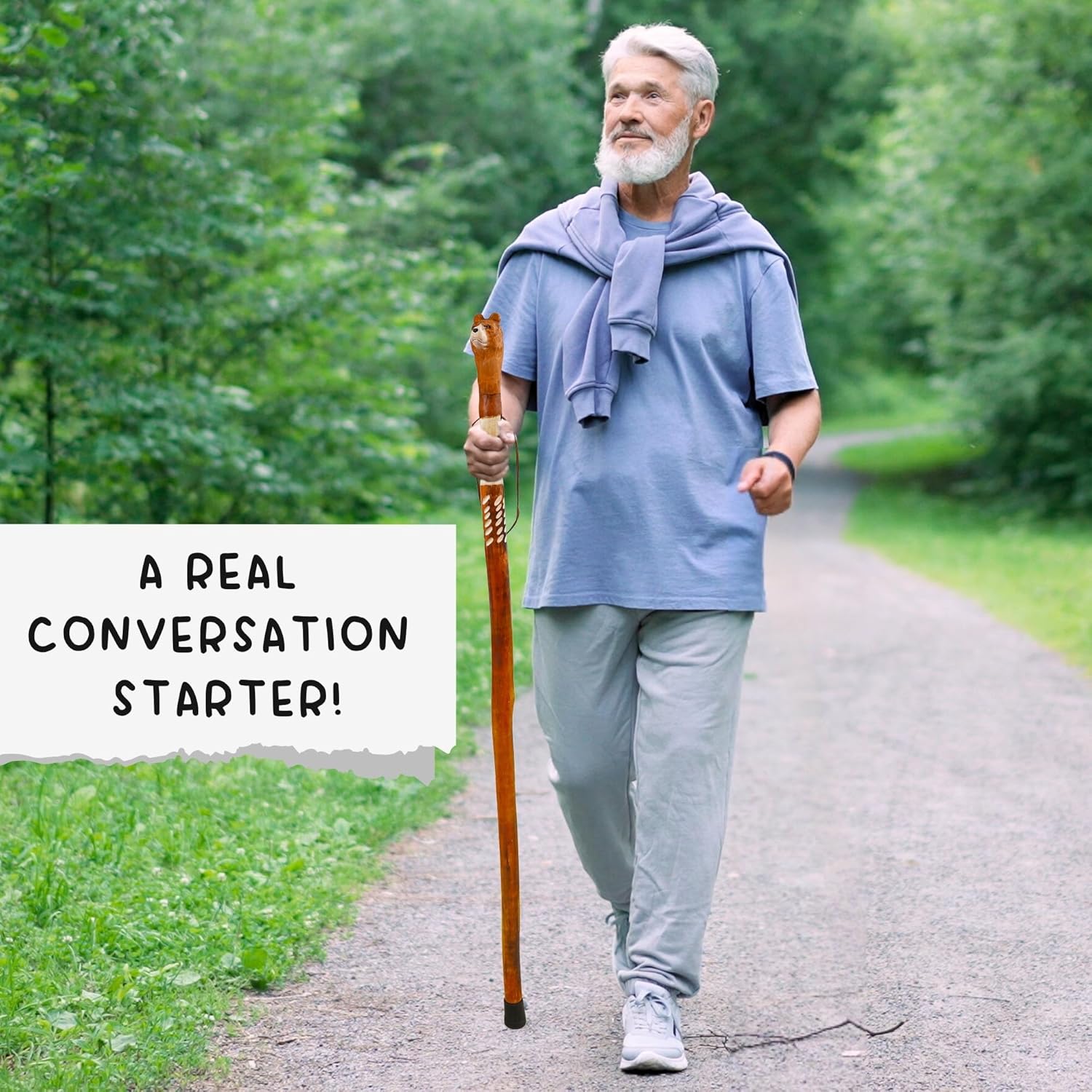 Carved Walking Stick with Animal Head - Lightweight and Strong Wooden Treckking Pole & Cane for Men Women & Seniors - A Hiking Gear Sculpted in Wood