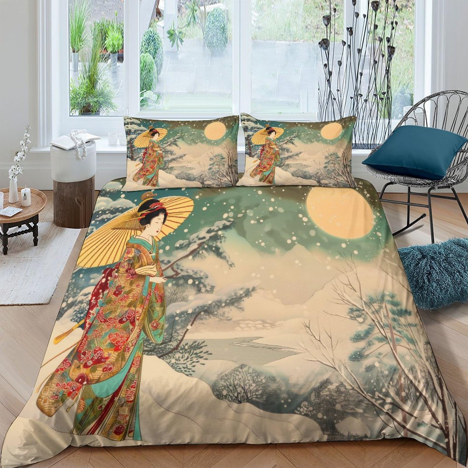 RIAVBAODG 3D Japanese Geisha Printing Duvet Cover Set Ukiyo-e Quilt Cover Hidden Zipper 3 Pcs Bedding Set for Kids Girls Teens with Pillowcase King（220x240cm）