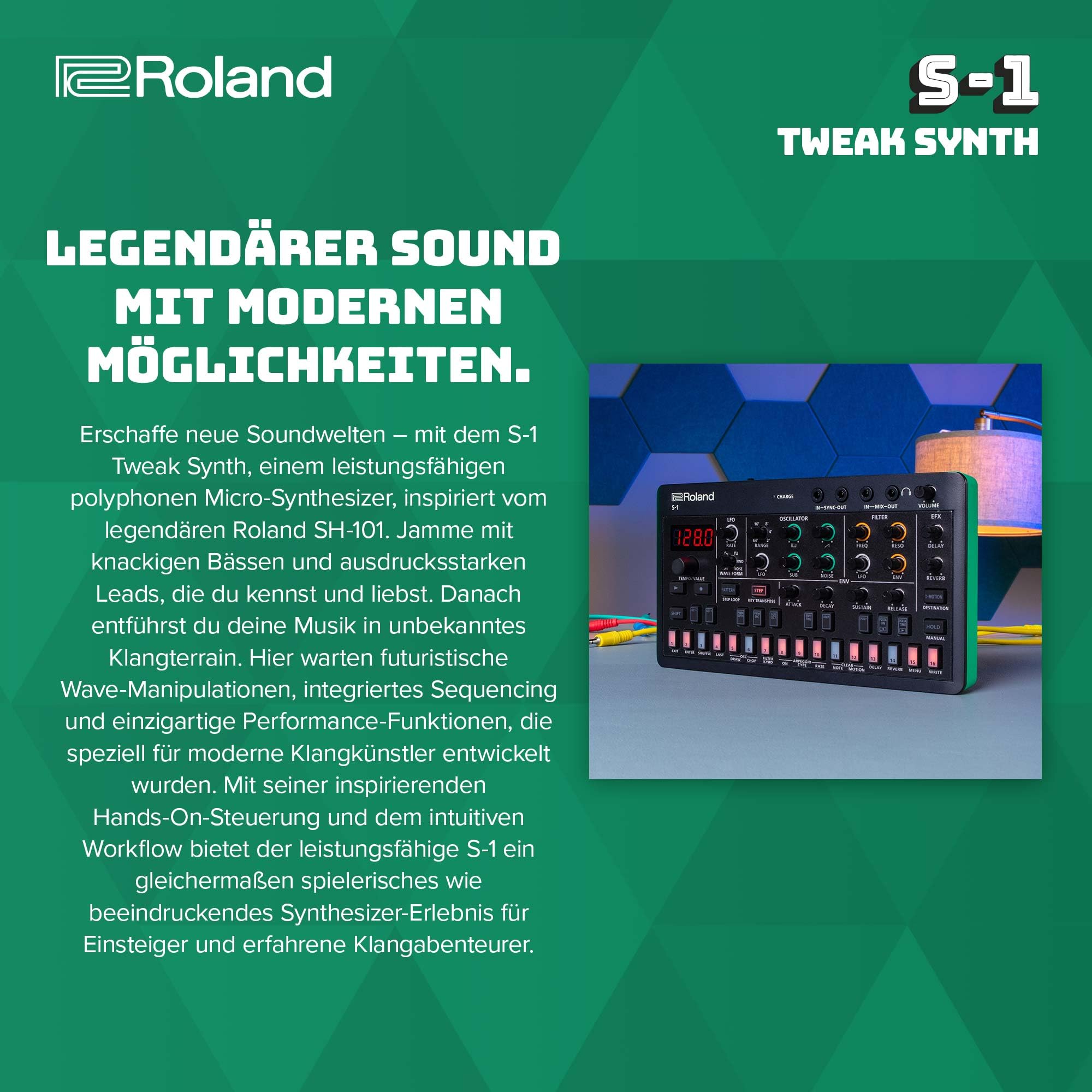 Roland AIRA Compact S-1 Tweak Synth | Ultraportabler Mikro-Polysynthesizer mit modernen Werkzeugen | D-Motion Soundsteuerung | 4,5 Stunden kabelloser Akkubetrieb | leicht & robust