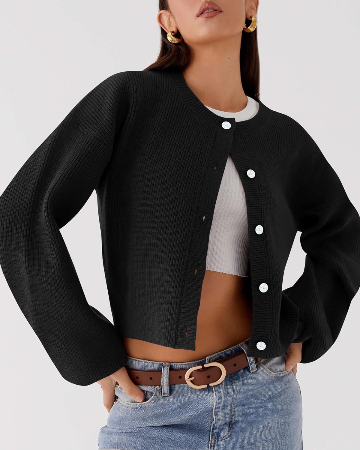 Zyyfly Women's Cropped Cardigan Sweaters Chunky Knit Fall Long Sleeve Button Down Sweater Jackets - Image 3