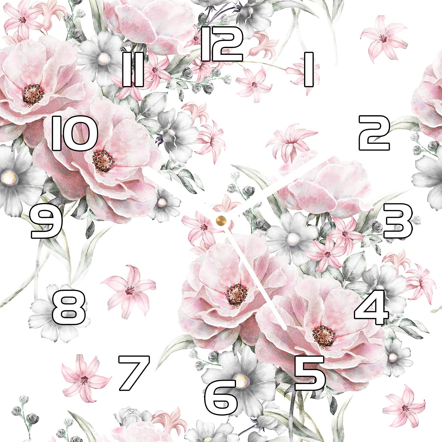 Horloge en verre murale 30x30 cm aux fleurs minimalistes pour décorer le salon