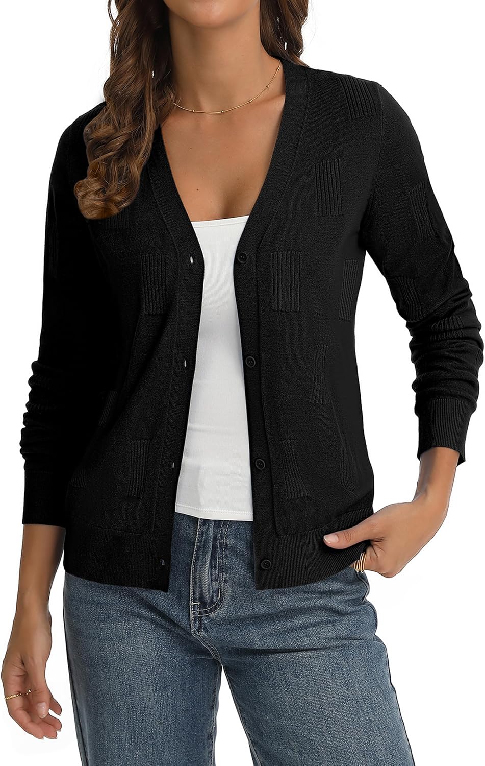 Women's Lightweight Ribbed Knit Cardigan Sweater V Neck Button Down Long Sleeve Soft Dressy Casual Layering Top