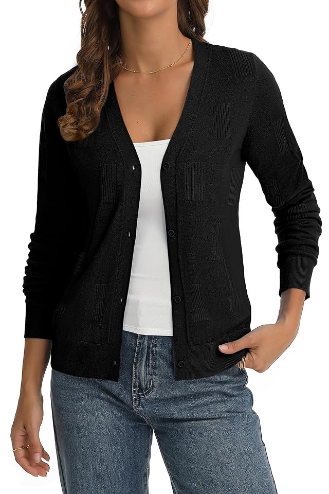 QUALFORT Womens Cardigans Dressy Casual Long Sleeve V Neck Button Down Soft Knit Cardigan Sweaters