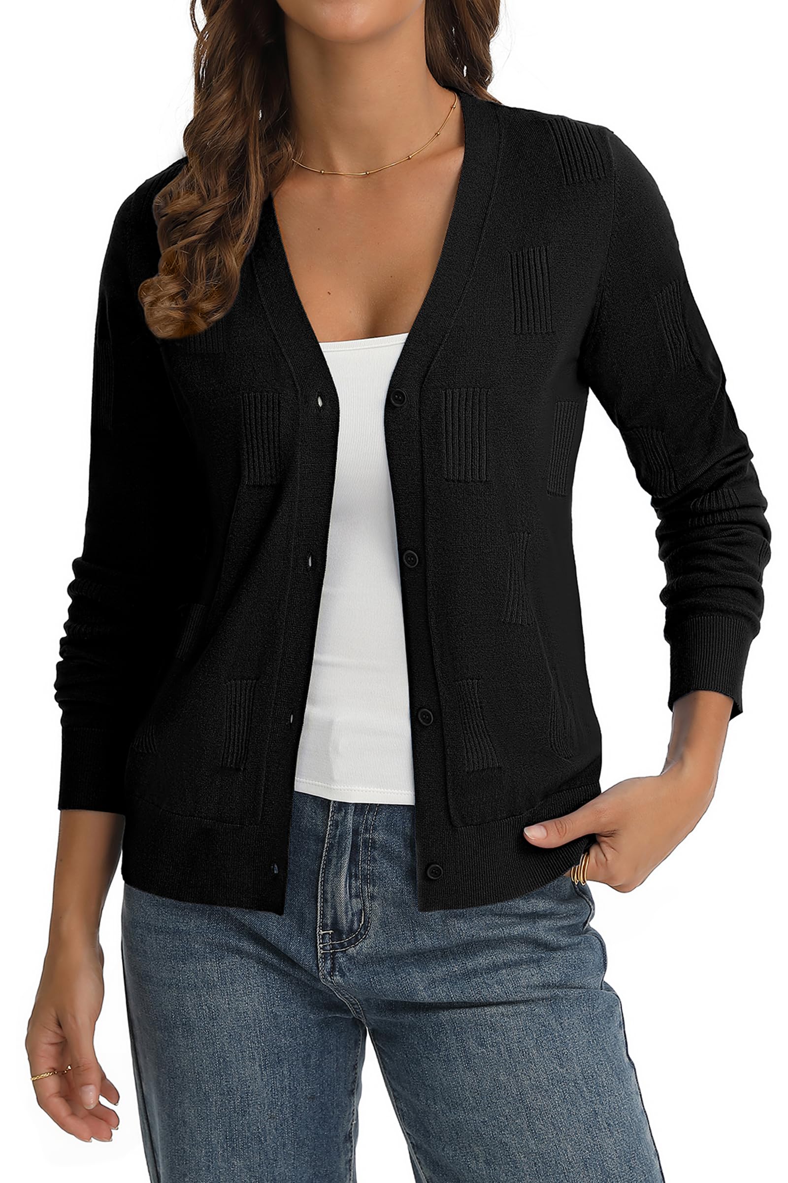 QUALFORT Womens Cardigans Dressy Casual Long Sleeve V Neck Button Down Soft Knit Cardigan Sweaters