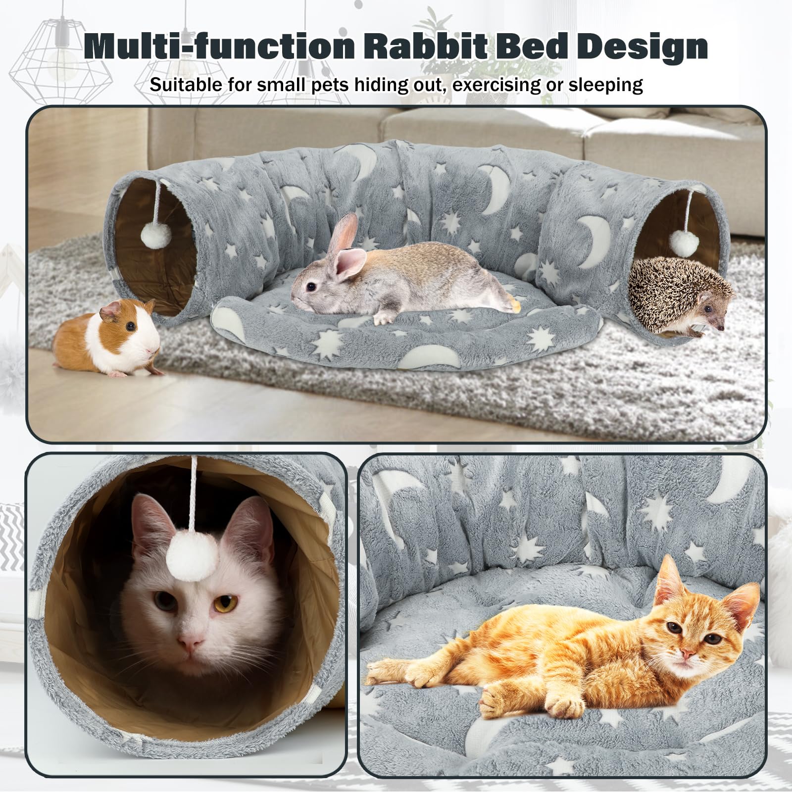 BWOGUE Hasentunnelbett, 2-in-1 zusammenklappbare Tunnelröhren, Spielzeug mit abnehmbarer Matte, Versteck für Katzen, Kätzchen, Kaninchen, Meerschweinchen, Kätzchen