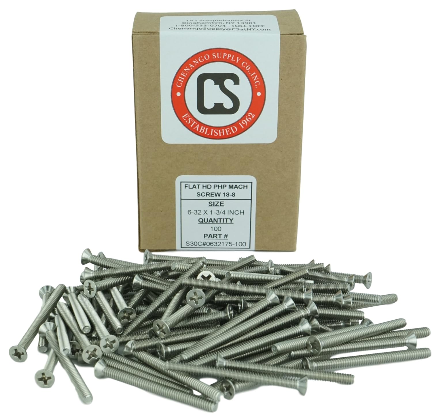 Stainless 6-32 x 1-3/4" (3/8" to 2" Available) Flat Head Machine Screws, Full Thread, Phillips Drive, Stainless Steel 18-8, Machine Thread (6-32 x 1-3/4")