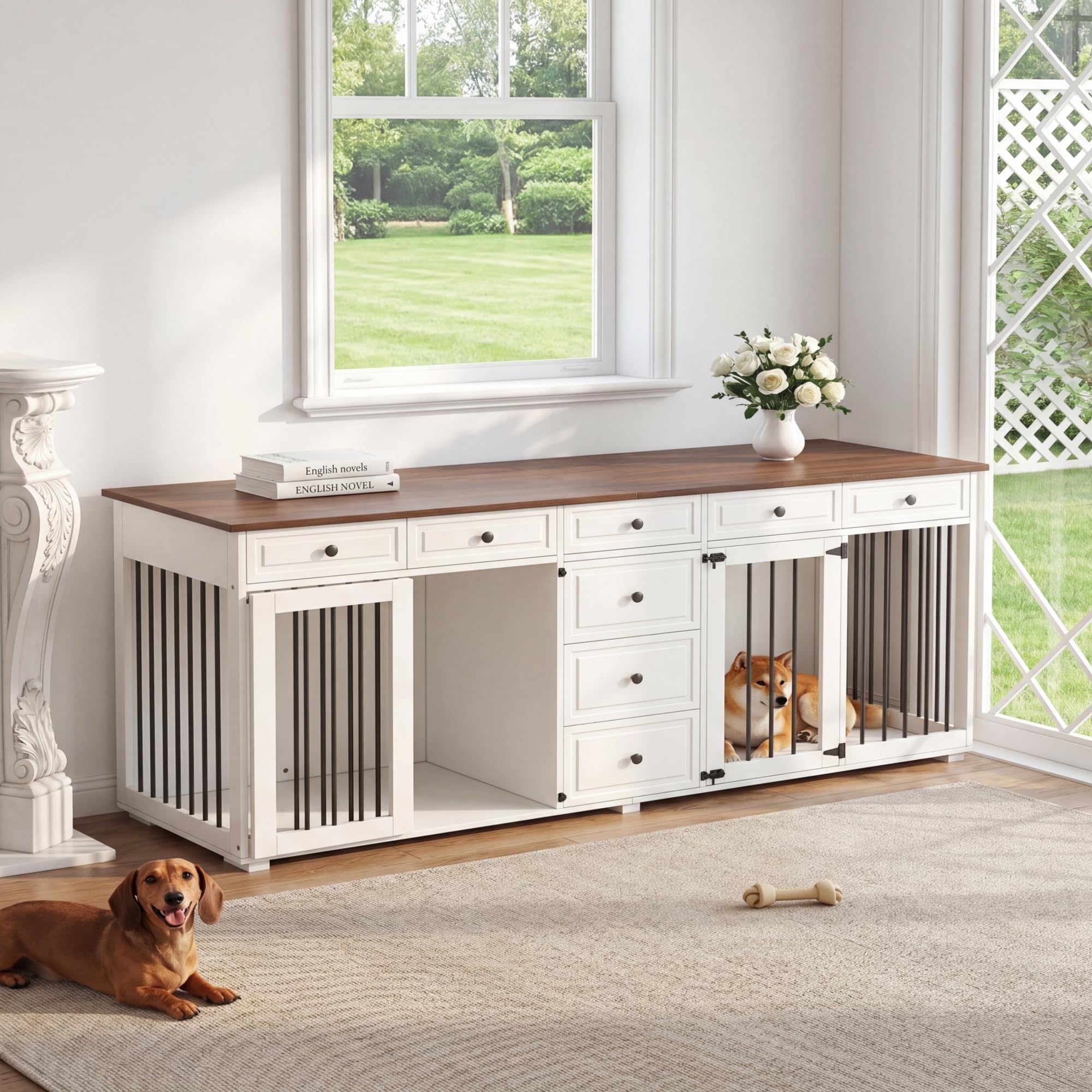 Hundekäfig für Zuhause, Hundebox Indoor für 2 mittelgroße Hunde, Hundekäfig Möbel XXL Stabile Hundehütte mit 8 Schubladen, Moderne Hundehaus weiß, 200x60x85 cm