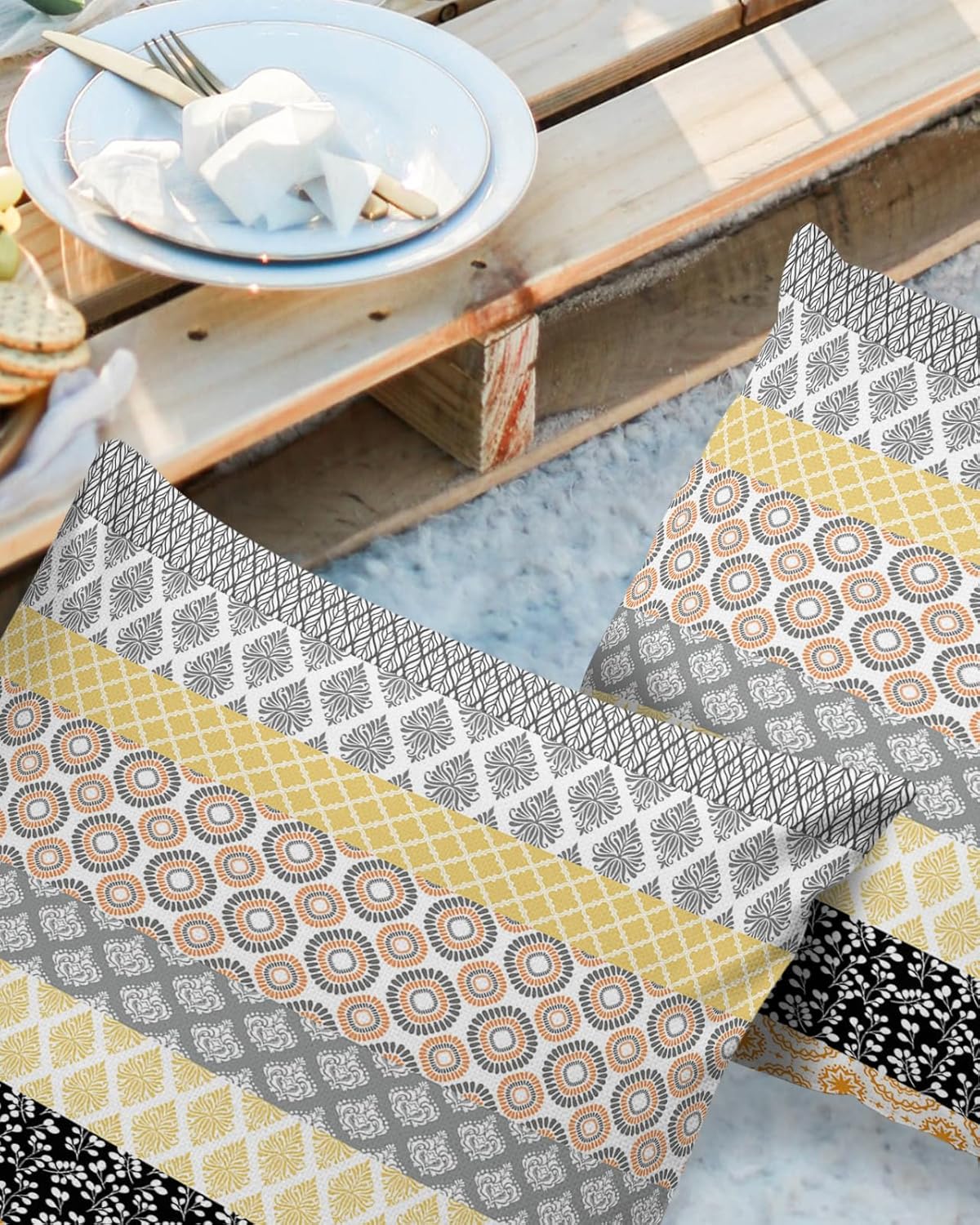 Outdoor Waterproof Throw Pillow Covers Set of 2 Yellow Boho Stripe Tribal Vingtage Lumbar Pillowcases 20x20 Inches Bohemian Style Decorative Pillows Cushion Case Patio Pillows for Couch Bed Garden