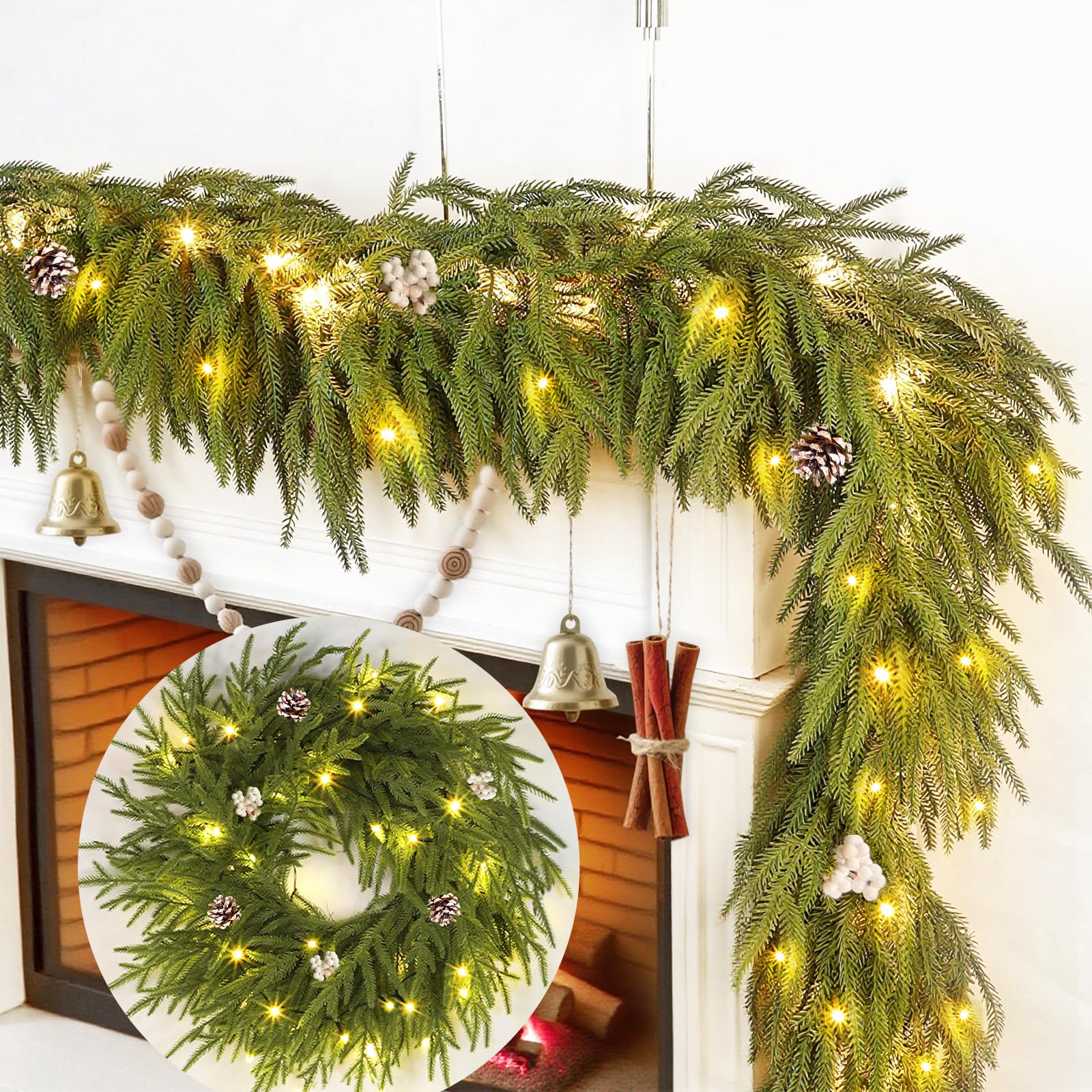 Guirlande de cèdre de Noël de 1,8 m avec baies blanches, pommes de pin et 20 lumières LED blanc chaud, vigne douce avec minuteur, décoration de Noël à piles pour cheminée, table, porte, escaliers
