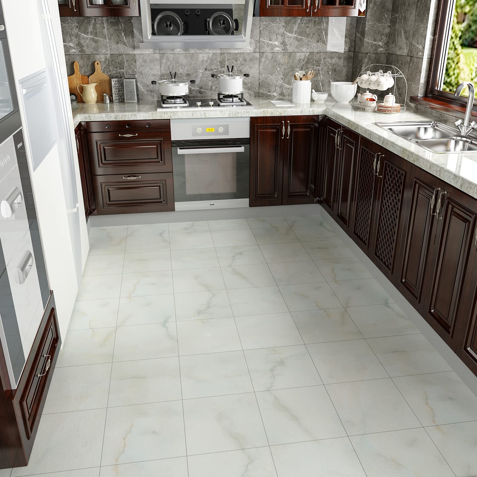 VEELIKE PVC Adesivo Pavimento Marmo Bianco Grigio Piastrelle Adesive Pavimento Bagno Impermeabile Piastrelle Adesive Cucina Pavimenti PVC Adesivi Camera da Letto Garage 1.5mm 30cm×30cm 24 Pezzi