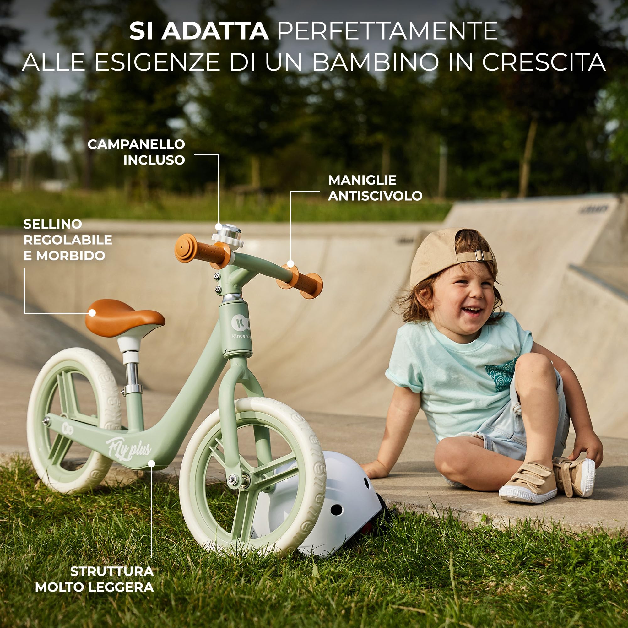 Kinderkraft FLY PLUS 2 Bicicletta bambini, Leggero Bici Senza Pedali, Stile Retro, Magnesium, Design retro, fino 2 Anni, Struttura leggera, 2.8kg, Sellino regolabile, Verde