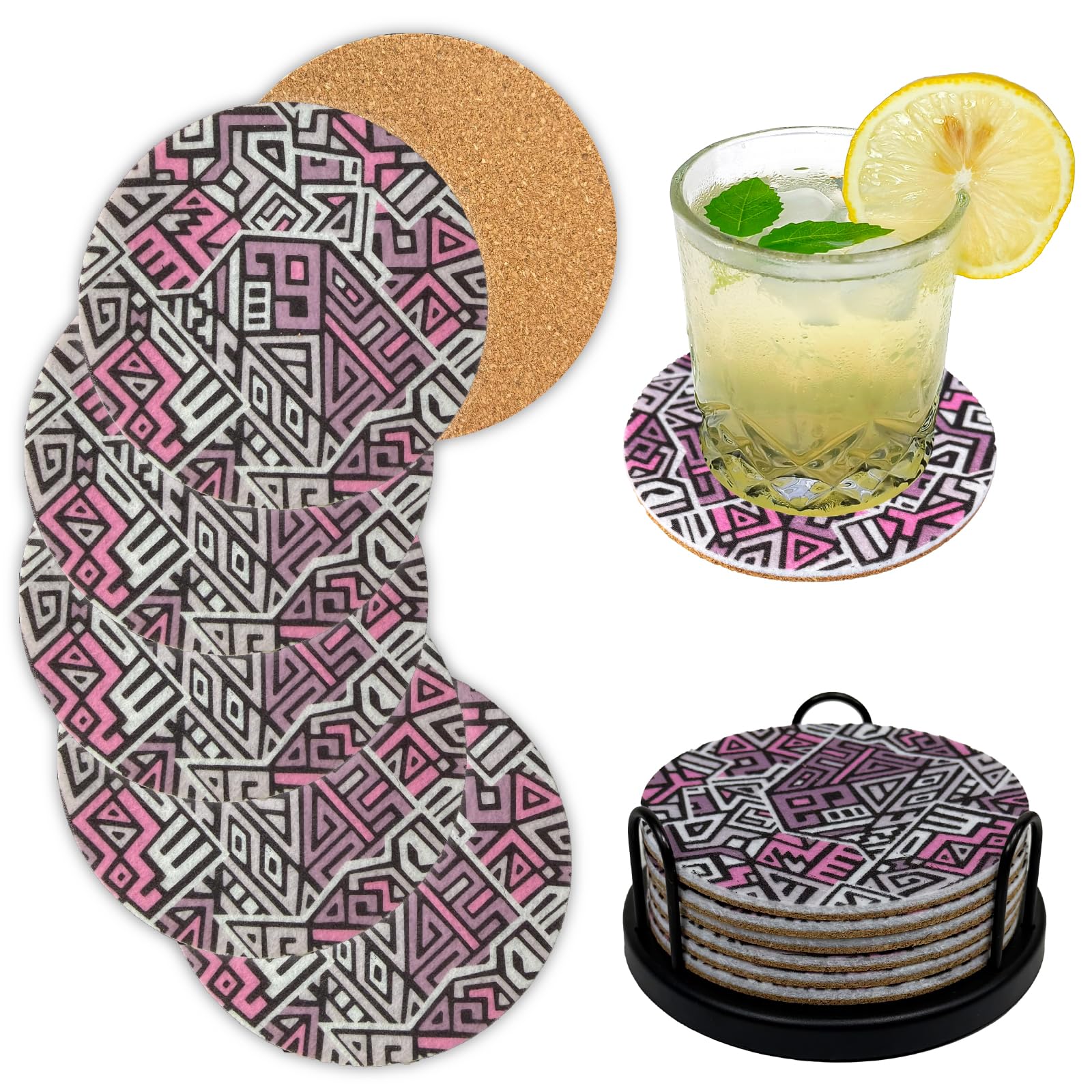 Tribal Pattern Felt Coasters Set of 6, Round Absorbent Drink Coasters, Non-Slip Cork Backing, Removable Holder
