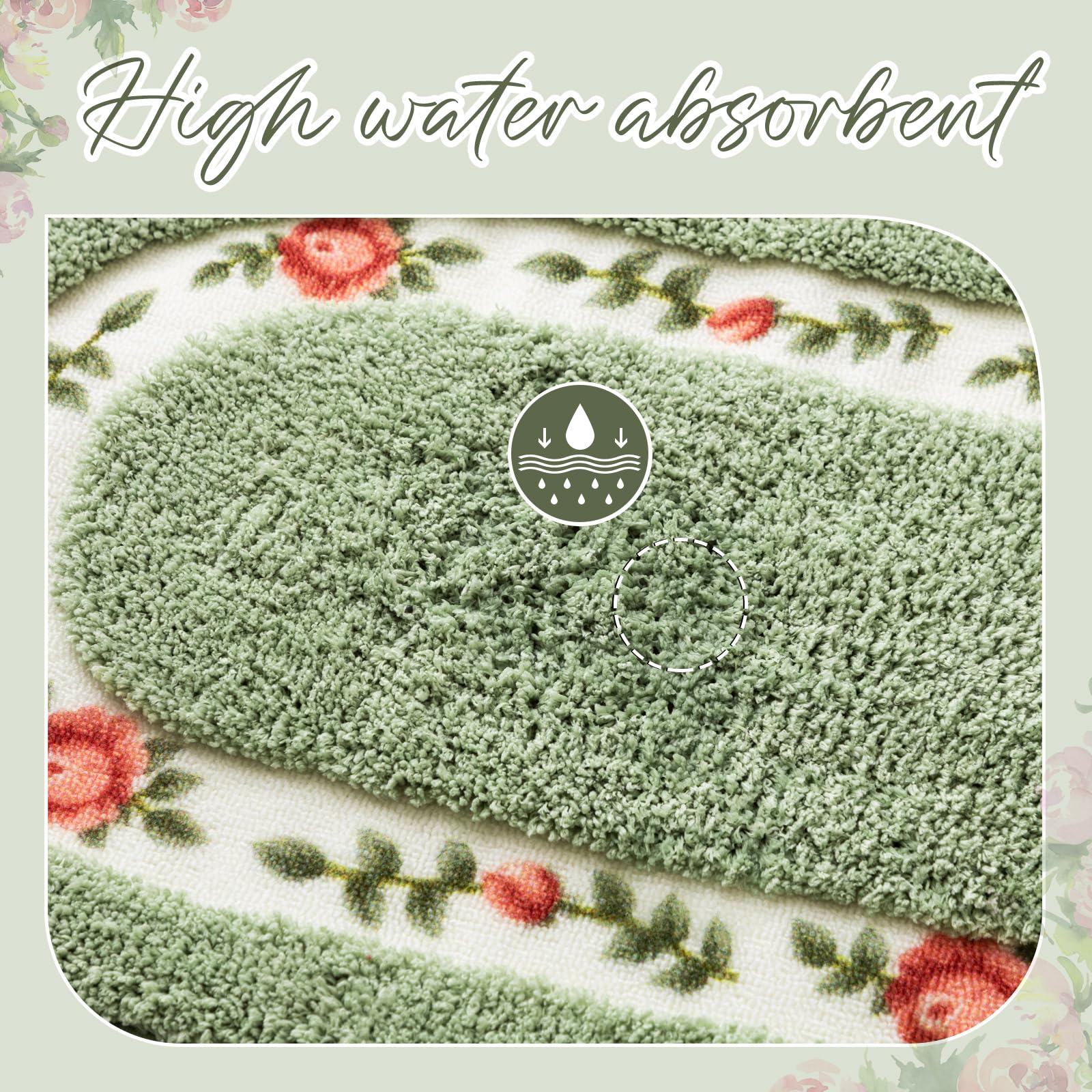 Drydiet Lot de 3 tapis de salle de bain antidérapants et absorbants avec motif de roses romantiques pour chambre à coucher, salle de bain, chambre à coucher, salon, 3 formes (vert)