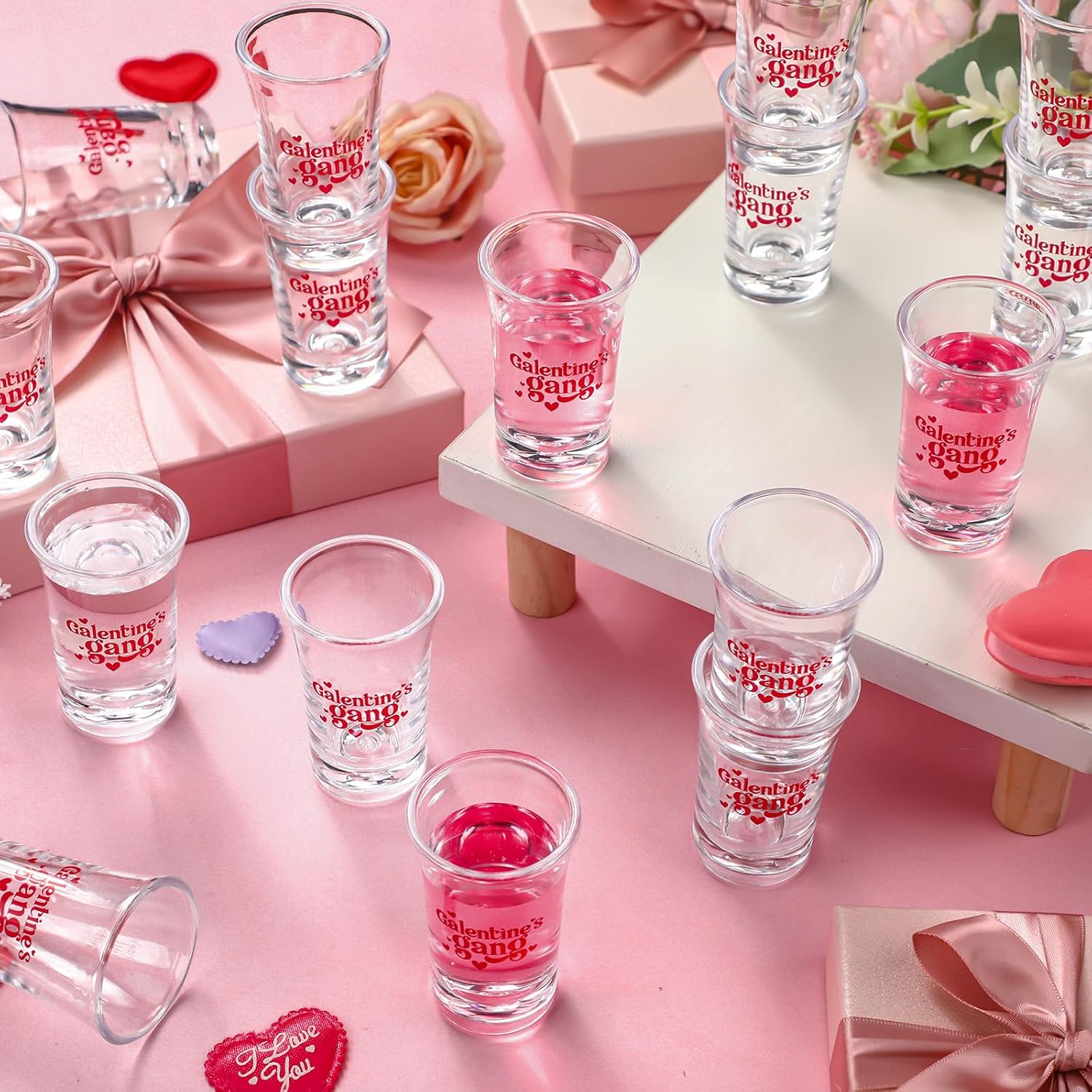 Qinyoung 24 Pcs Galentines Day Shot Glasses Cups Romantic Galentines Gang Gift Bulks 1.2 oz Shot Glasses Acrylic Mini Drinking Cups for Friends Valentine's Day Supplies Decorations Favors