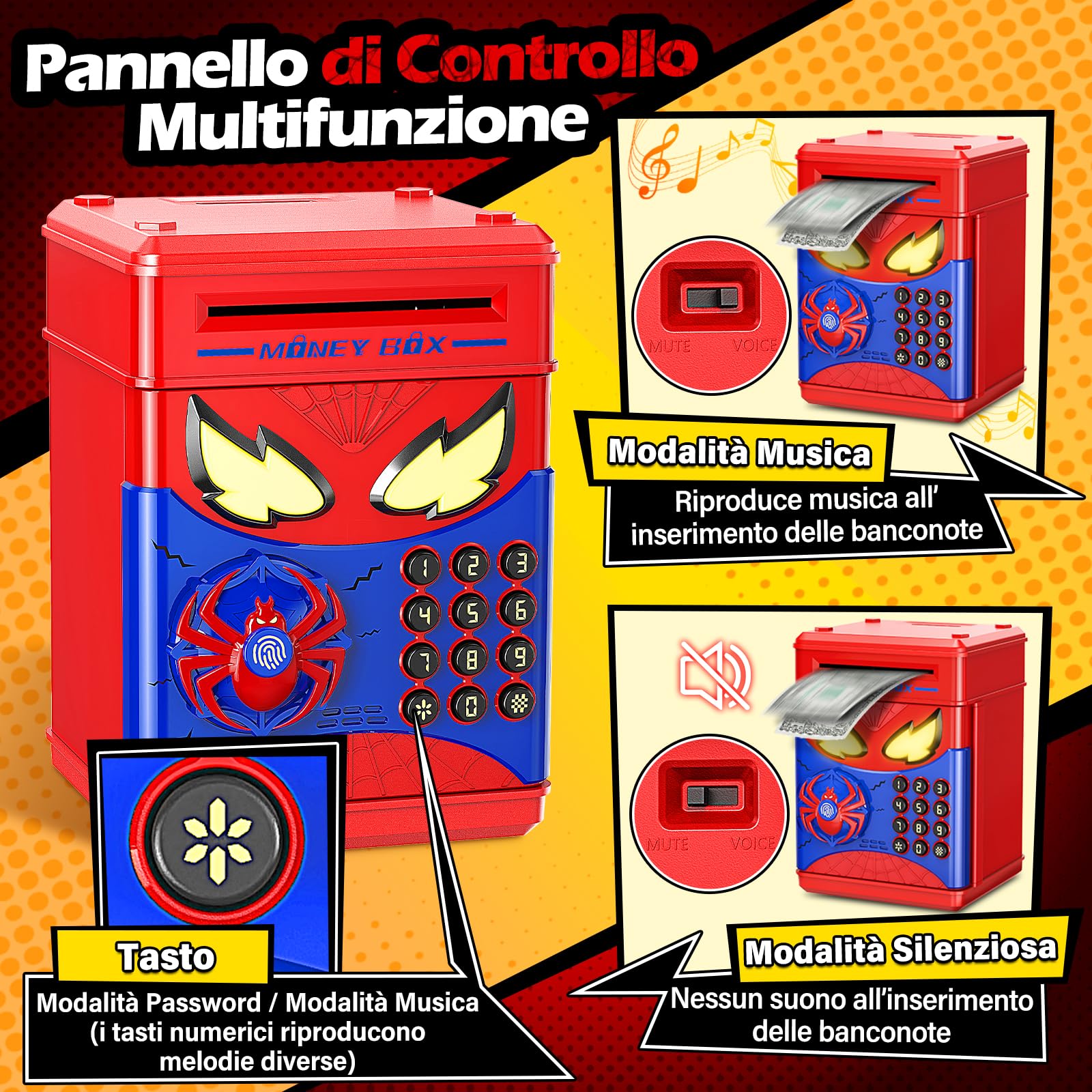 Salvadanaio Bambini - Salvadanaio Elettronico Cassaforte Spider con Impronta Digitale e Codice, Regalo Gioco Educativo Bambini 3 4 5 6 7 8 10 12 Anni