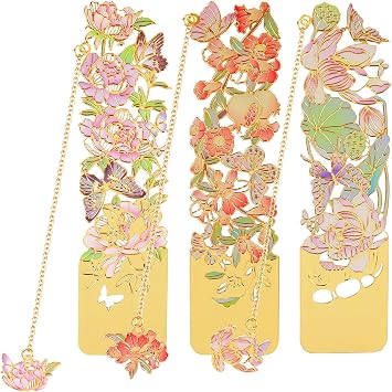 Metal Bookmarks for Women, 3PCS Flower & Butterfly with Pendant Design Gold Alloy Hollow Bookmark Set, Bookmarks Bulk 2026 Graduation Gifts for Her Him Teens Girls High School College Senior Student