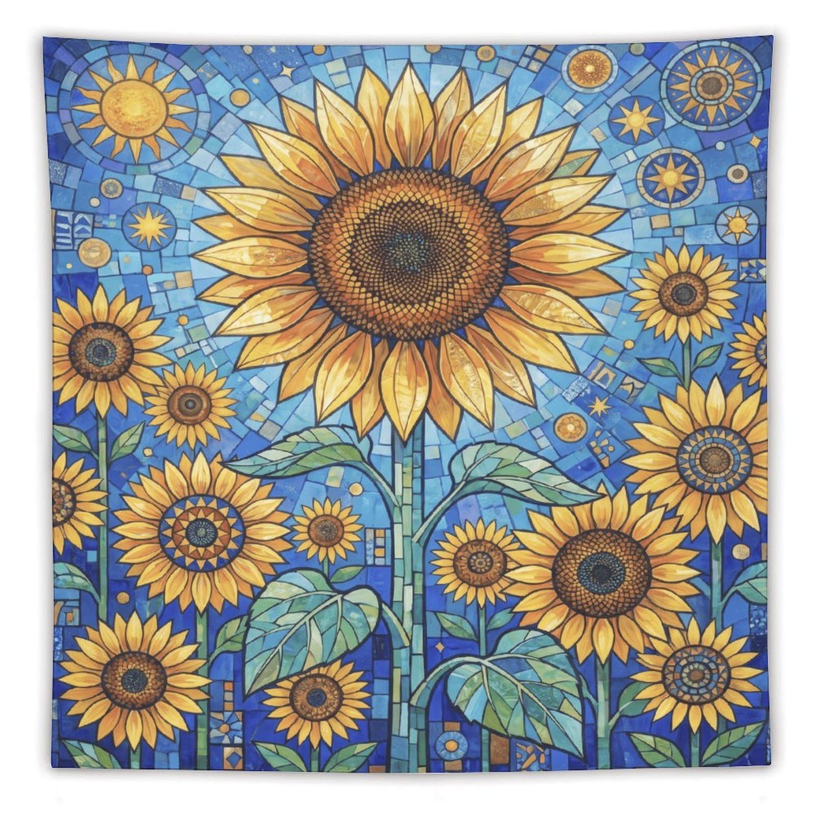 W7C8U2X3 Sunflower Stained Glass Garden Wall Tapestry, Mosaic, Backdrop