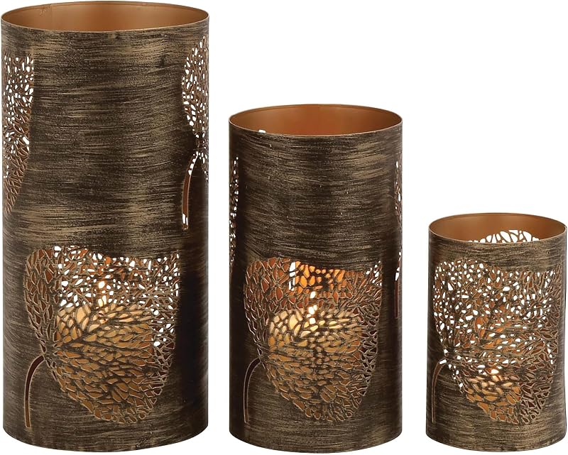 Deco 79 Portavelas de metal para interiores y exteriores, farol decorativo con forma de hoja, juego de 3 farolillos de 12", 9", 5" de alto, cobre