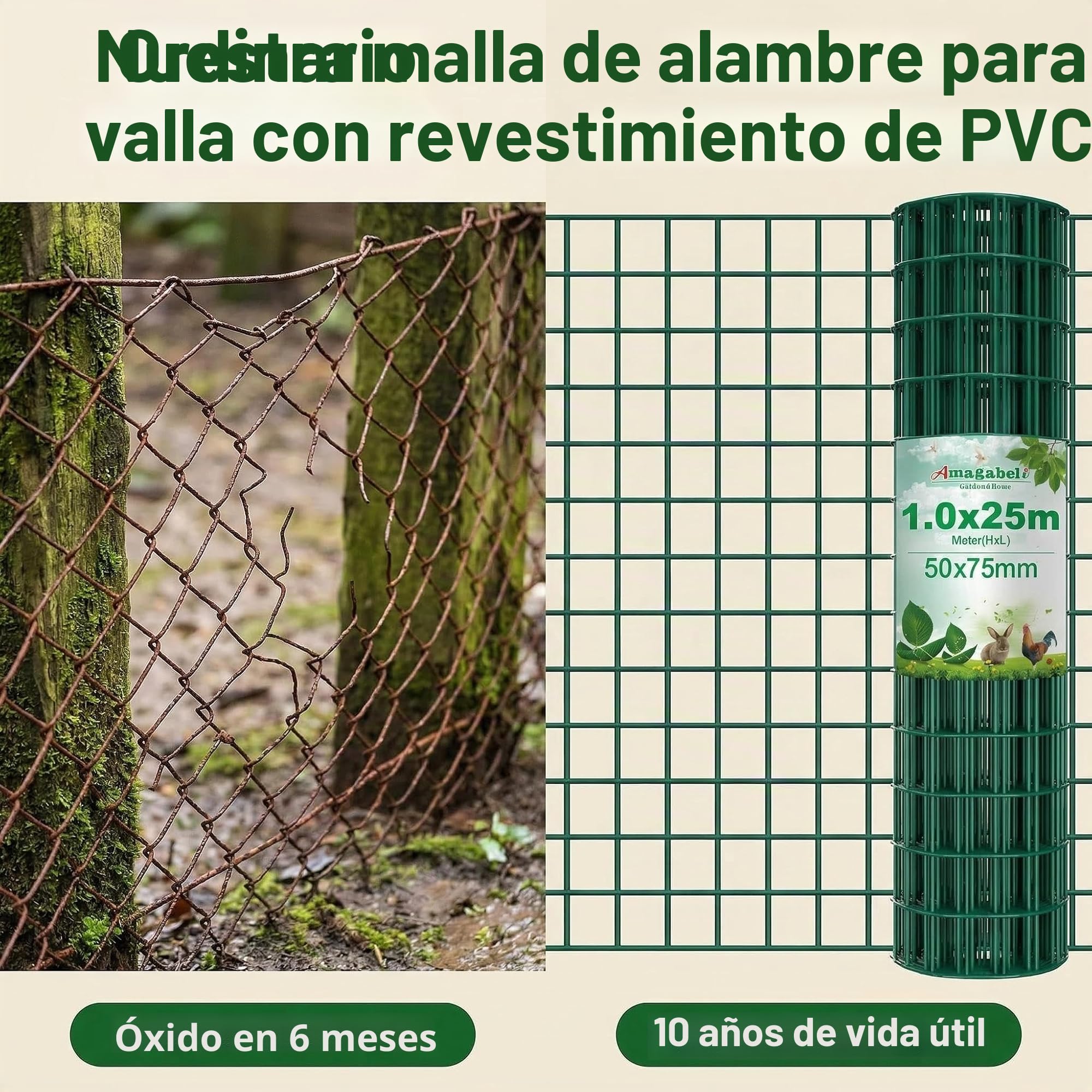 Amagabeli 1,14Mx10 M Malla Metalica Electrosoldada Galvanizada y PVC, Valla Metálica de Jardín, Malla 50x75 cm, Rollo de 2.0 mm para Protección y Cercado Residencial, Verde RAL6005