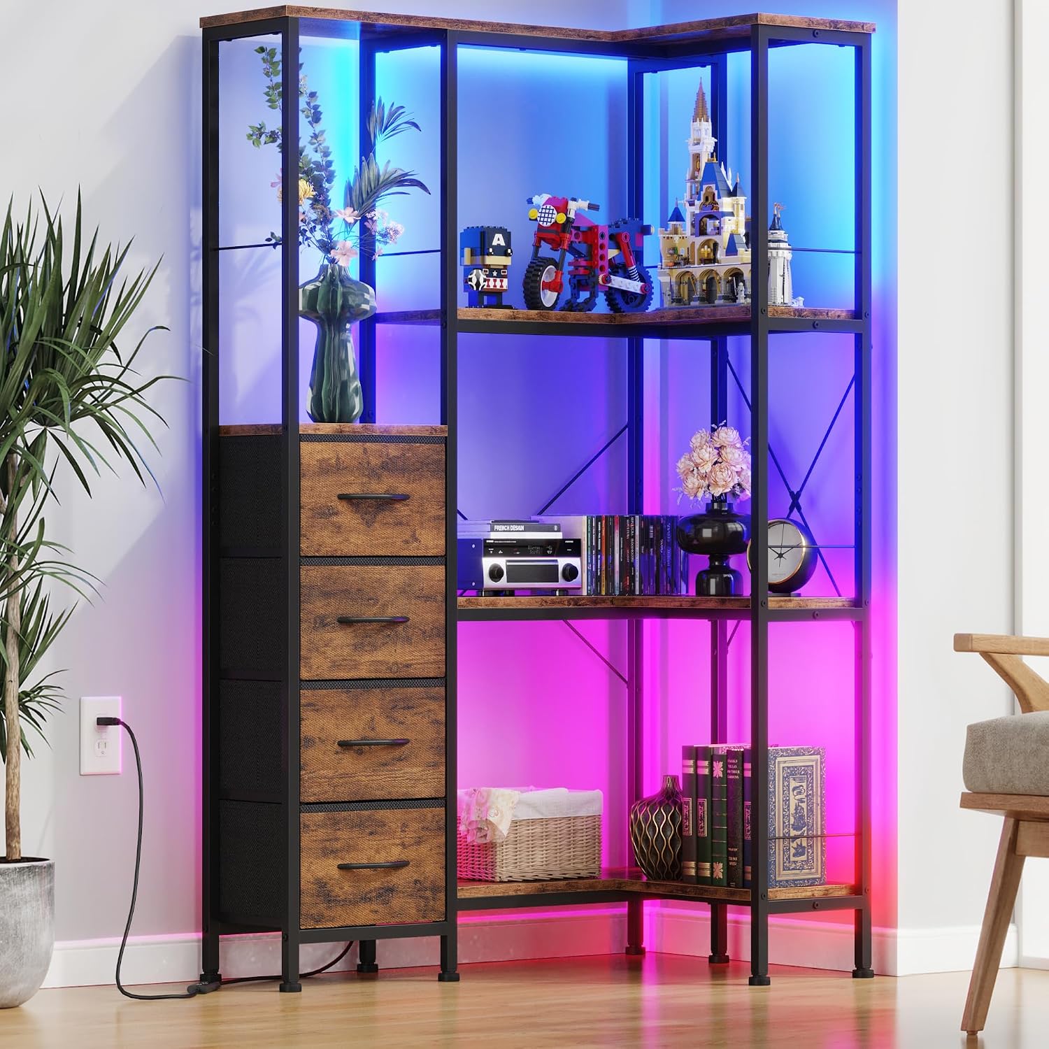 AFLUI 4-Tier Corner Bookshelf with LED Light Strips, 4 Fabric Drawers