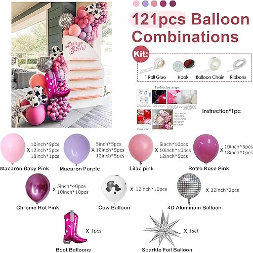 Miniatura 2 de Kit de arco de guirnalda de globos de vaquera, 121 piezas con temática de granja, estampado de vaca, color rosa intenso cromado, con globos de bota