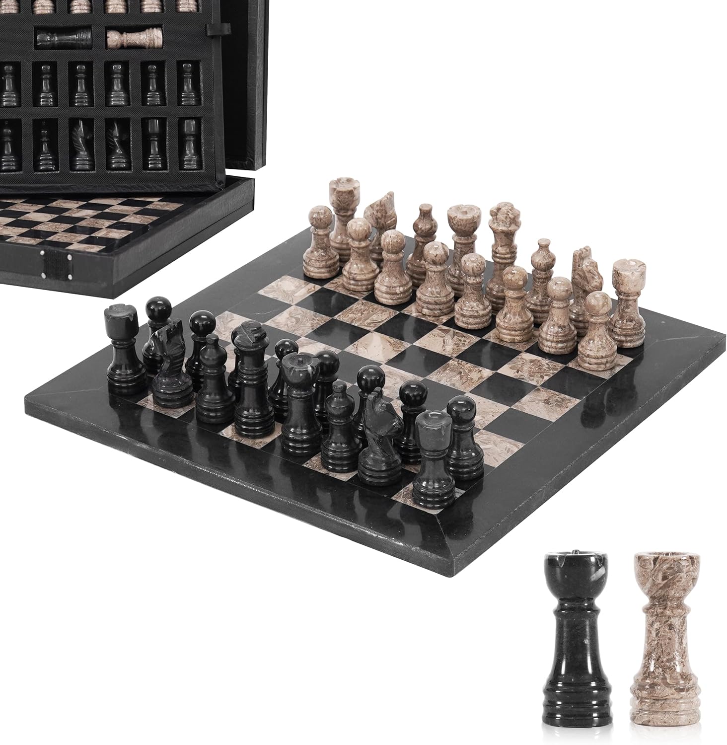 Marble Chess Set for Adults 10" Handmade Black & Oceanic Board Game with 32 Chess Pieces, 2 Extra Queens & Storage Box, Luxury Travel Game, Elegant for Home Decor