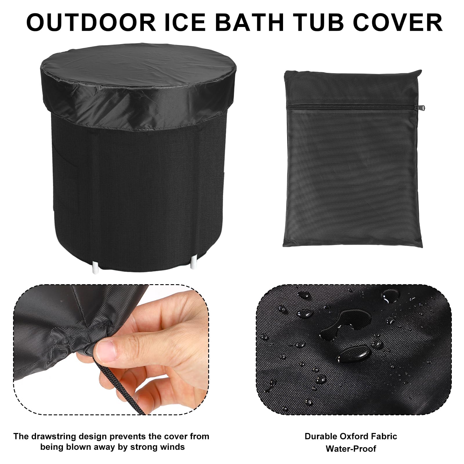 37-inch Oxford Fabric Ice Bath Tub Cover - Waterproof Cold Plunge Cover with Drawstring for Sun Protection and Cleanliness (Black) - Image 3