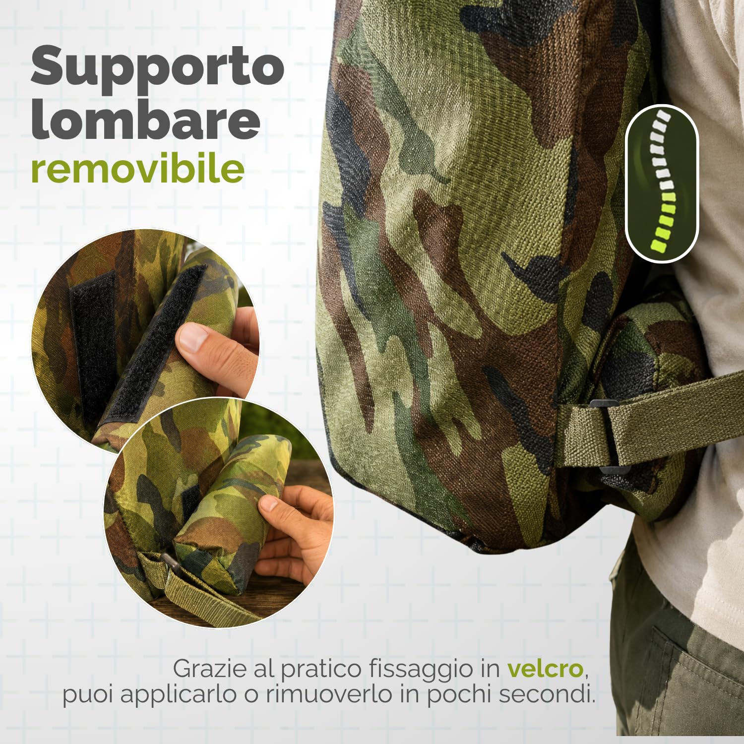 PALUPLUS Zaino con Cesta per Raccolta Funghi color Verde Mimetico, Misura 42x36x46 cm, Tasca Portaoggetti, Schienale con Cuscino Imbottito, Chiusura a Cerniera e Spallacci Regolabili -8599F -2,2